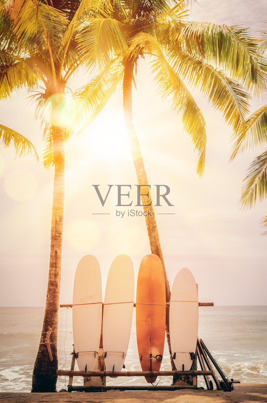 海滩上的冲浪板和棕榈树双重曝光，阳光光线纹理抽象的背景。照片摄影图片
