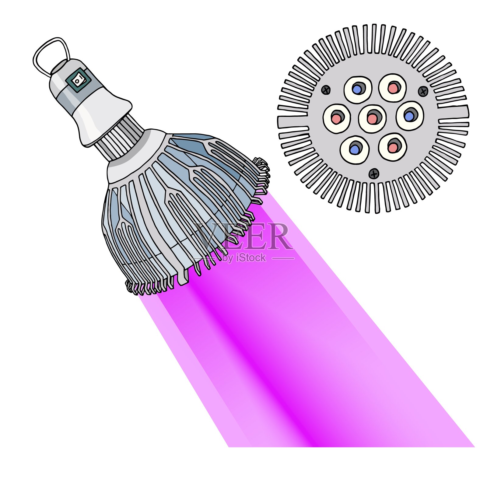 类似太阳光谱的植物灯。用于植物生长的红色和蓝色LED灯。红外线和紫外光用于温室和室内花卉。矢量插图的灯泡和紫色的光。插画图片素材