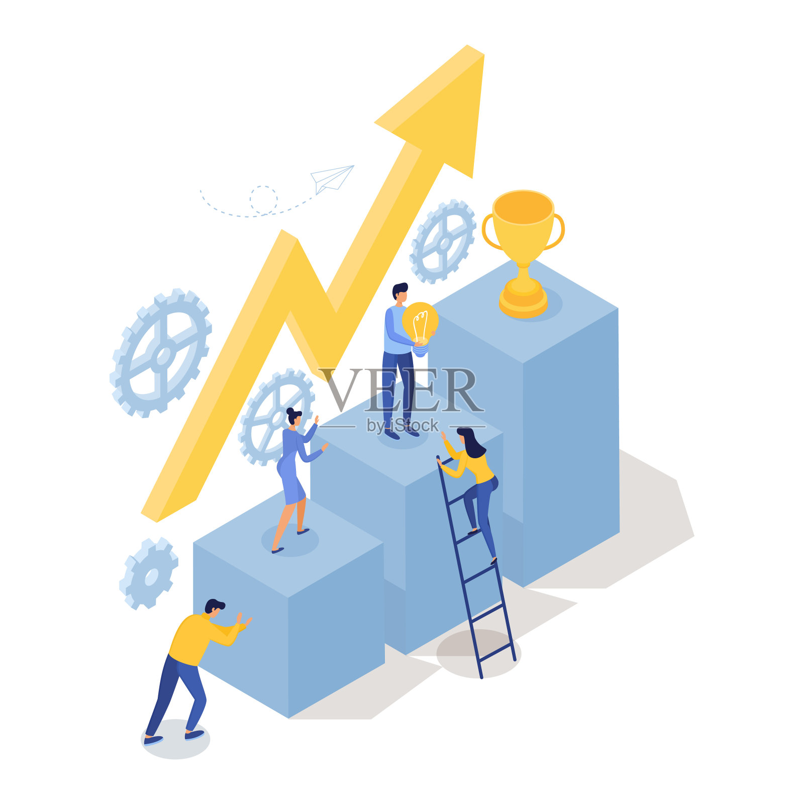 青年人物与奖品金杯。团队成功的概念。梦之队。等距矢量插图。插画图片素材