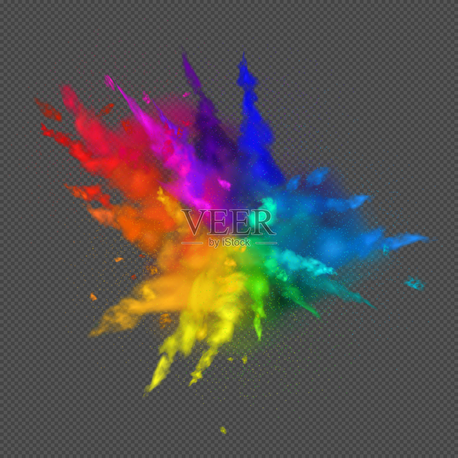 彩虹色是颜料粉和颜料滴。胡里节邀请。透明的不同的涂料粉末云隔离在灰色背景上。透明度的真正效果。矢量插图EPS10插画图片素材