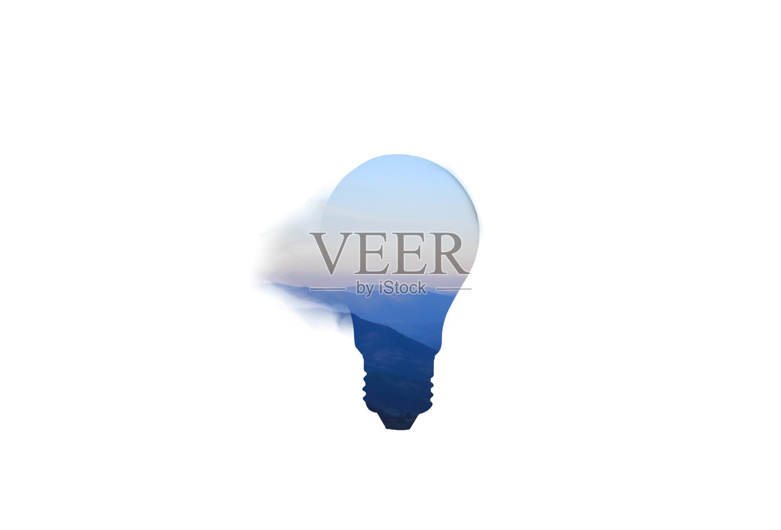 灯泡孤立在白色背景上。蓝色山脉里面。新想法的概念。照片摄影图片