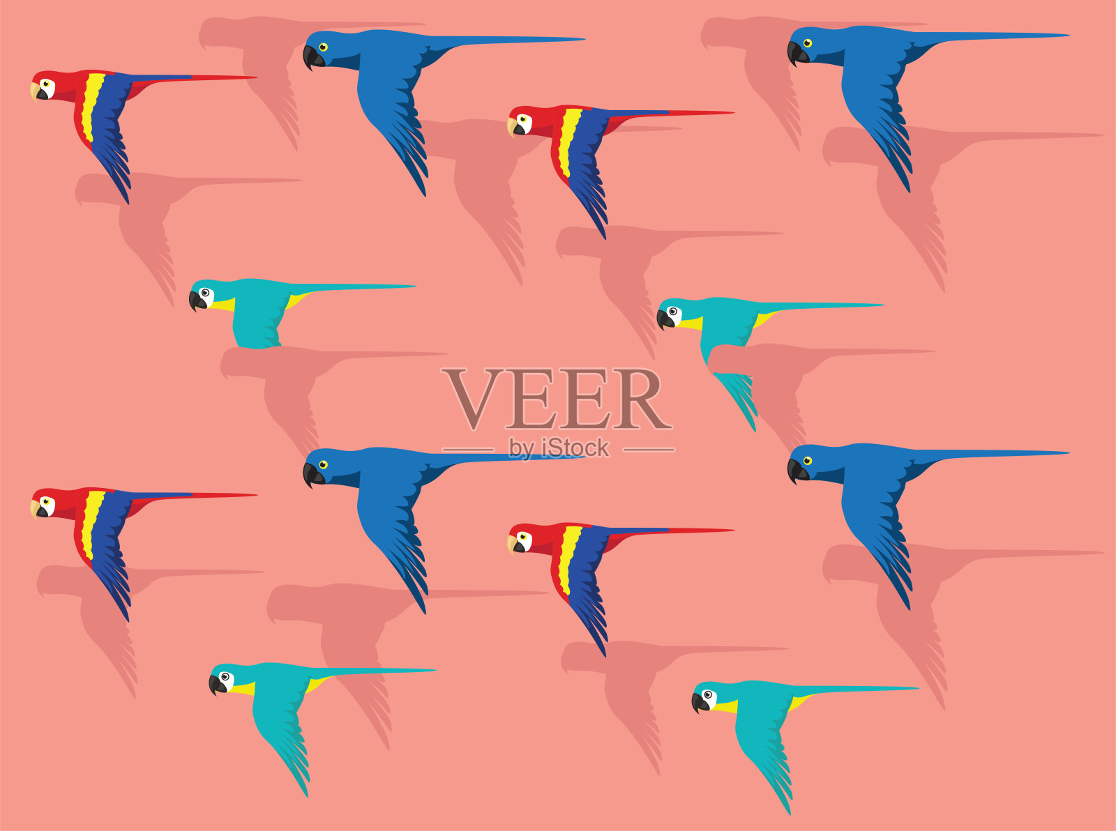 各种金刚鹦鹉彩色飞行卡通人物矢量无缝背景壁纸01插画图片素材