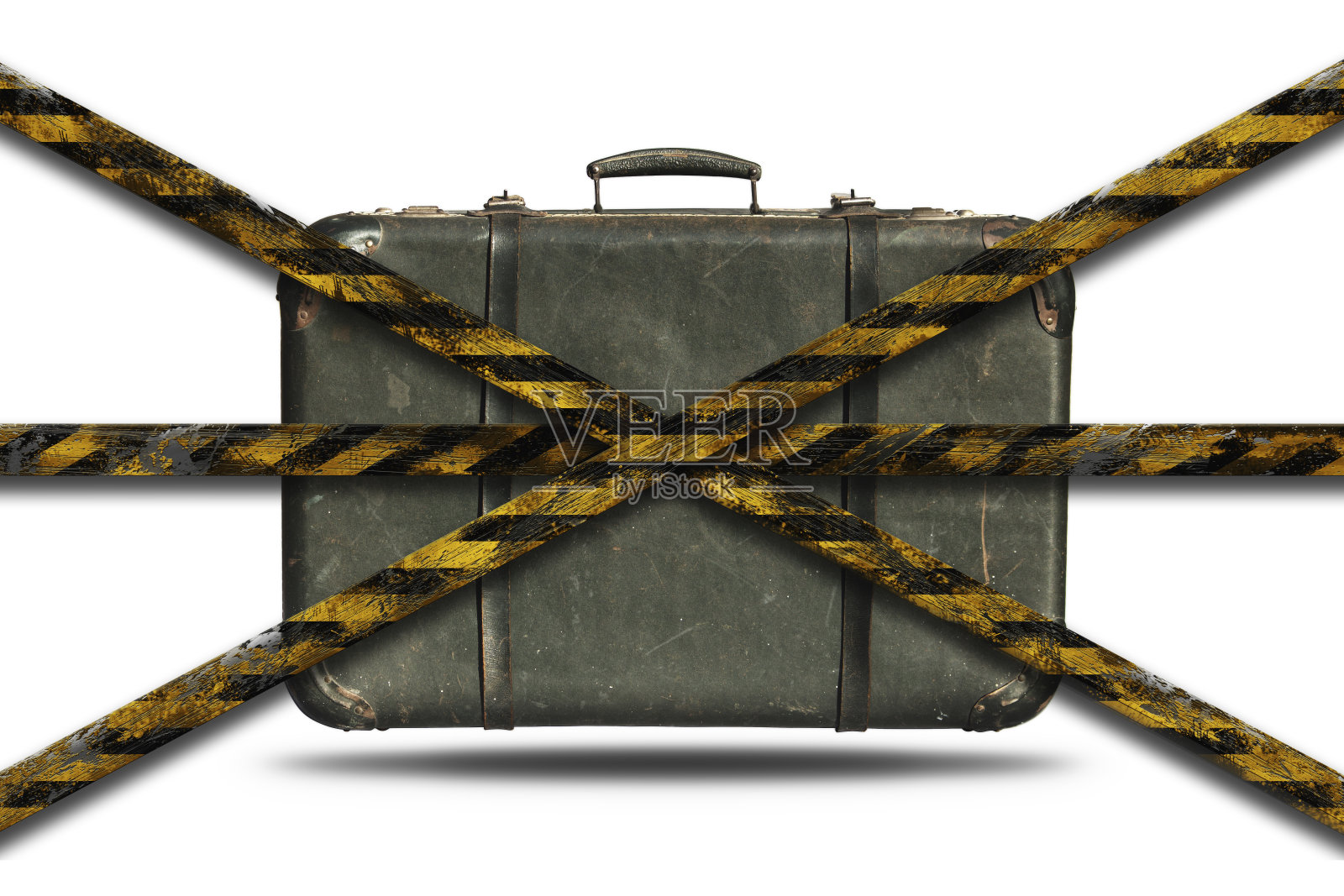 因冠状病毒、冠状病毒19不能出行。带警示胶带和危险标志的老式皮箱。限制区域封锁3D插图照片摄影图片