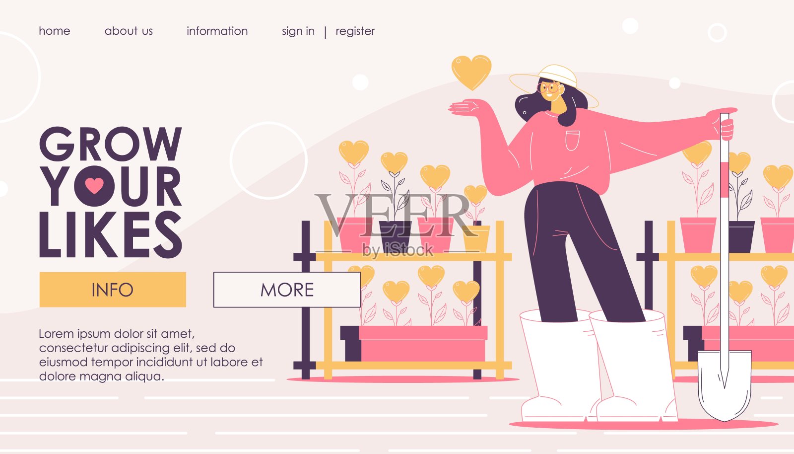 登陆页面的女孩谁生长喜欢和心在花盆。概念横幅流行的博客和视频网站插画图片素材