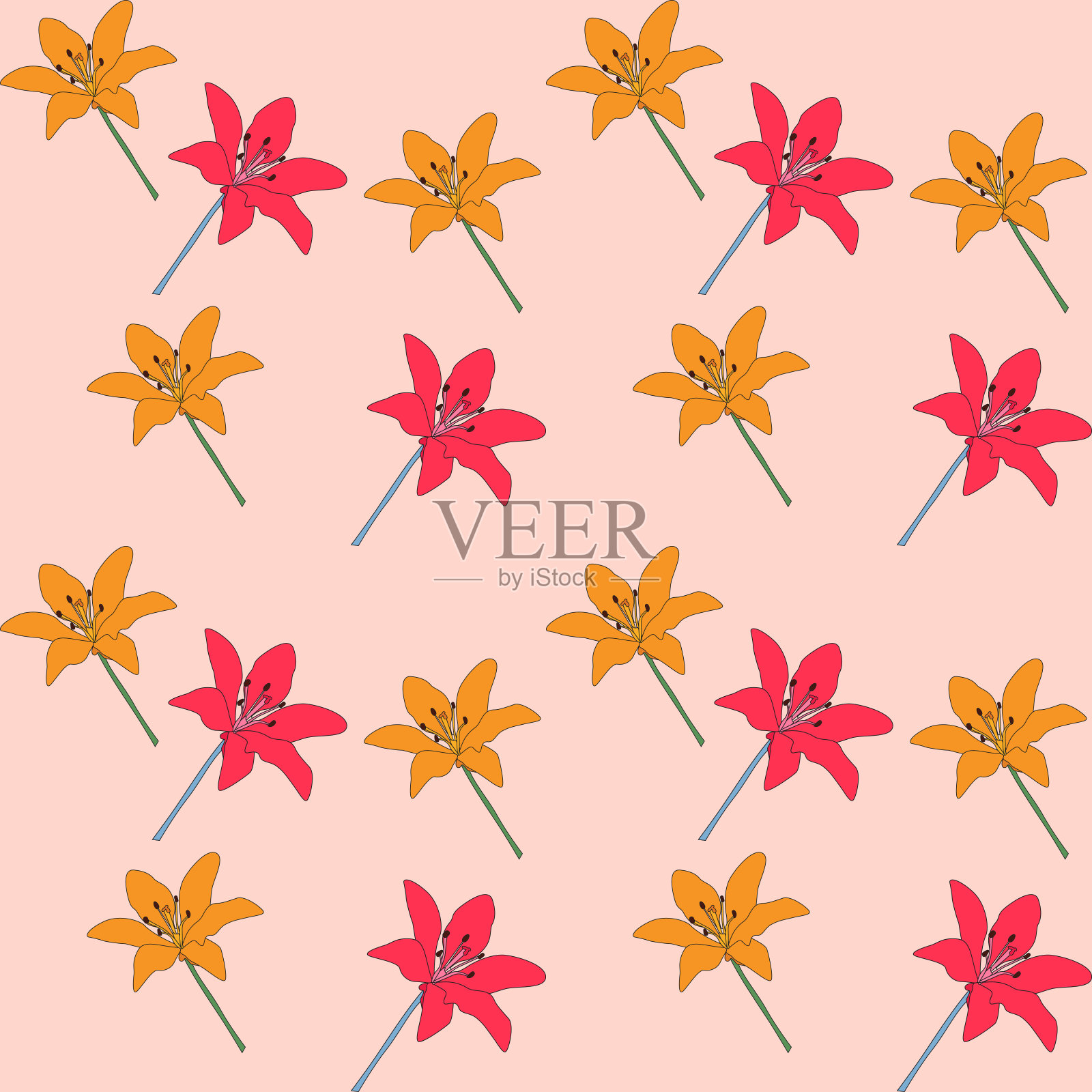 手绘百合花无缝图案背景。矢量插图EPS10插画图片素材