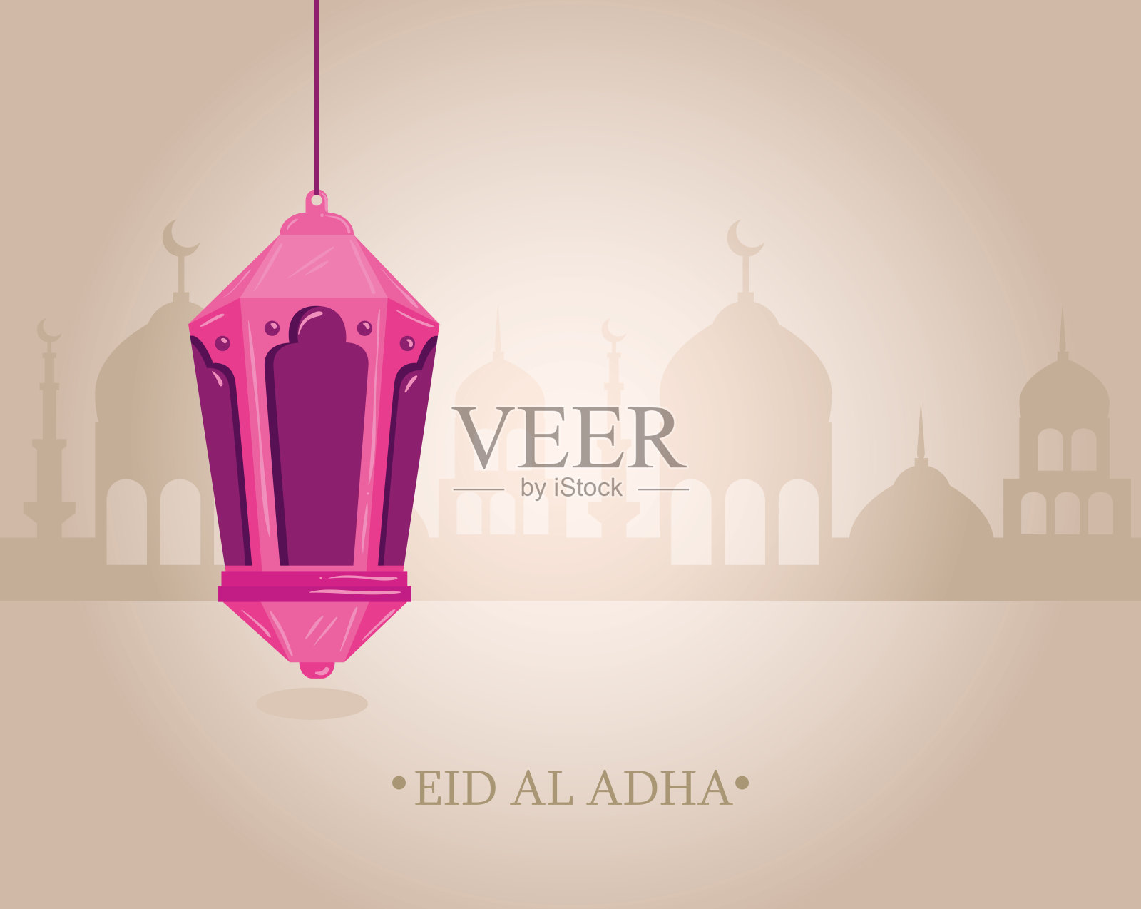 宰牲节，快乐的祭祀盛宴，挂着灯笼和剪影的阿拉伯城插画图片素材