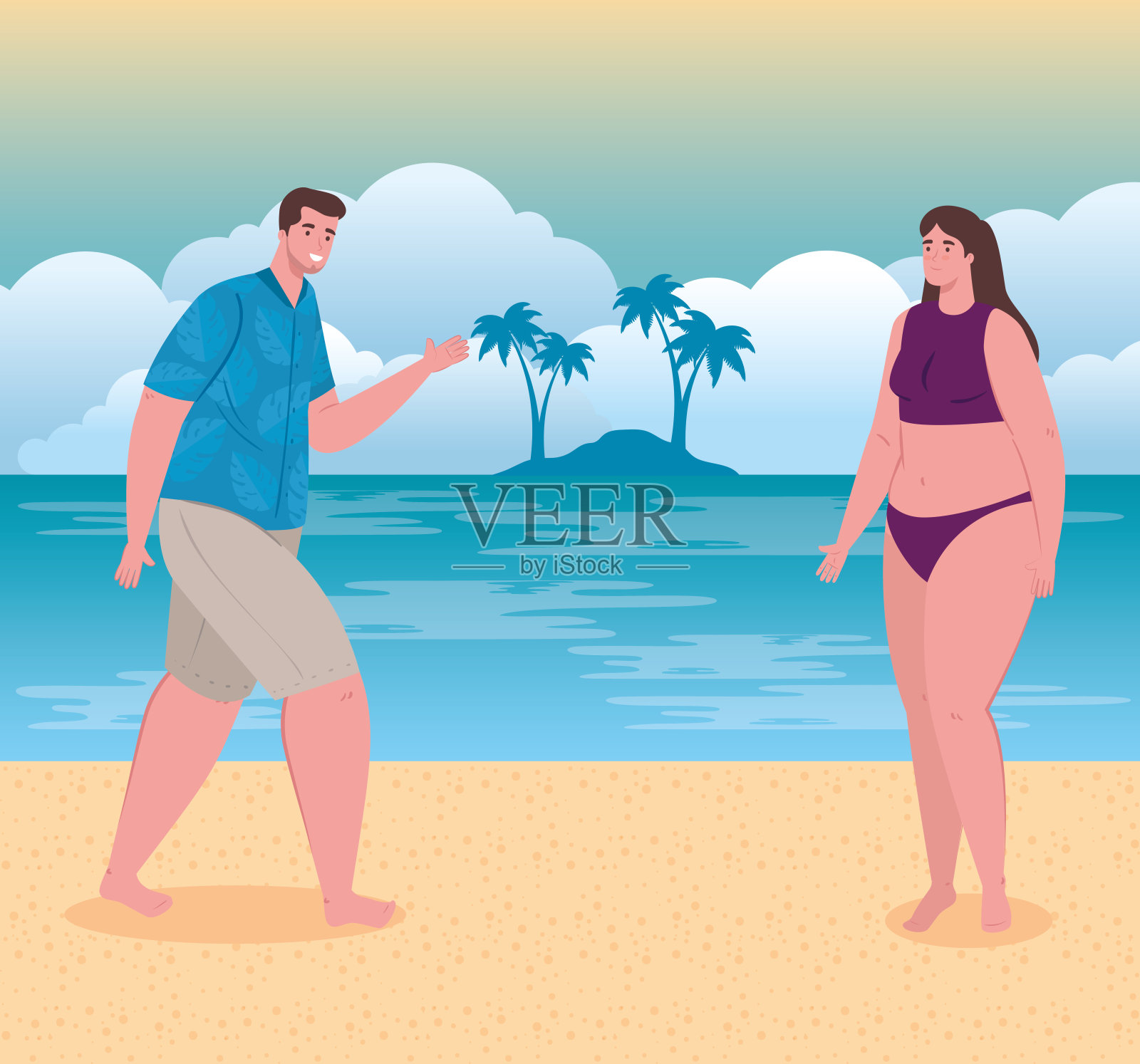 海滩上的一对年轻情侣，一个男人和他的女朋友在海滩上，暑假季节插画图片素材