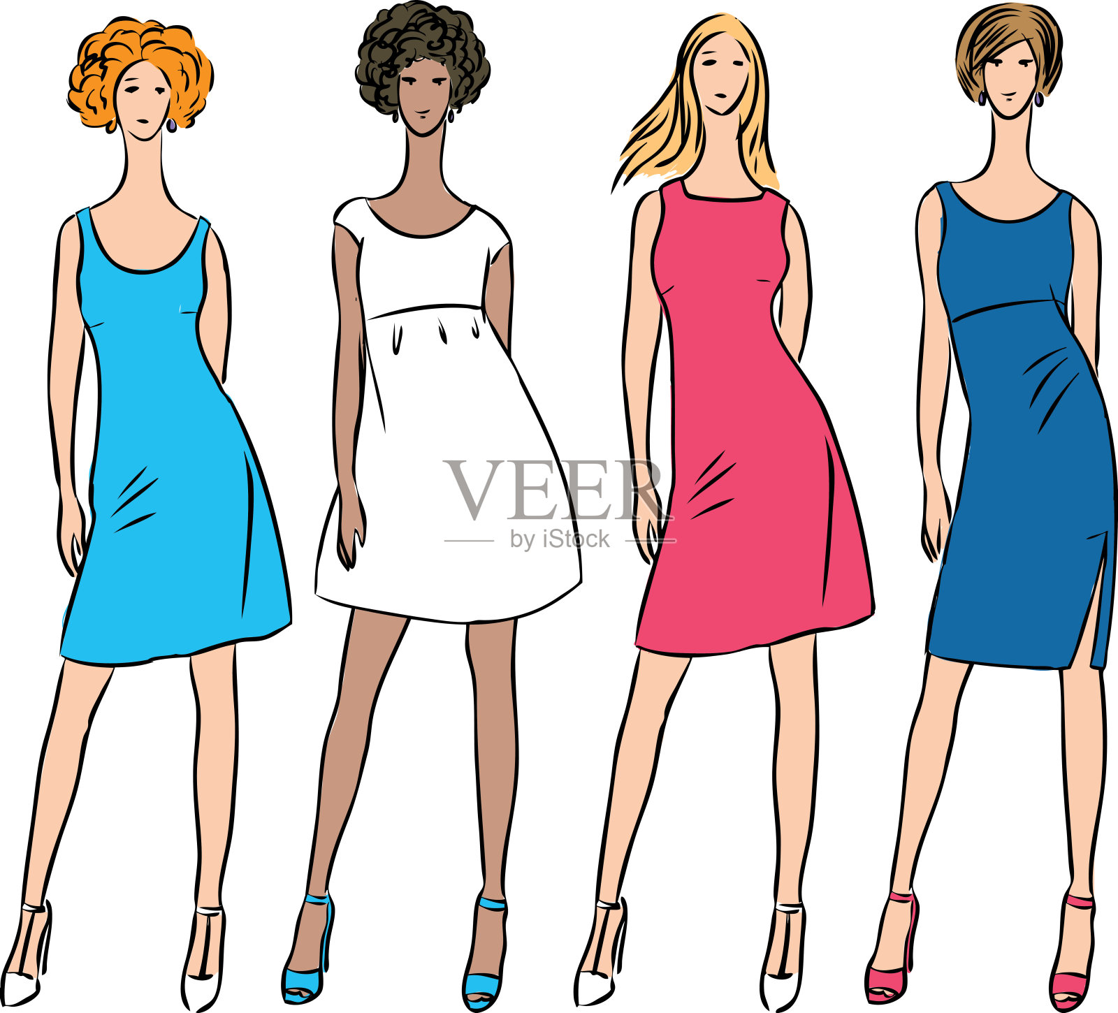 矢量绘图有吸引力的时尚苗条的女人在各种夏天的衣服。插画图片素材