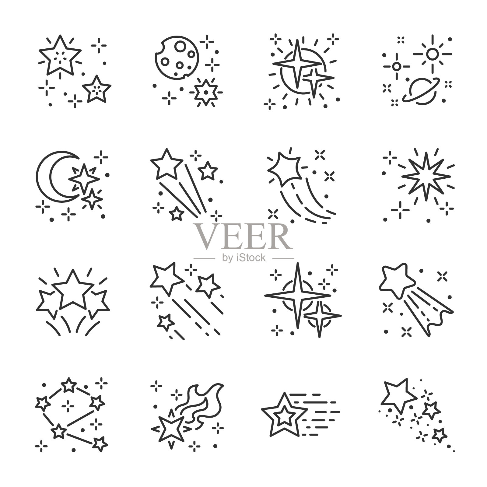 星星，闪烁物，图标集。星座，五角星和闪光，线性图标。可编辑的中风图标素材