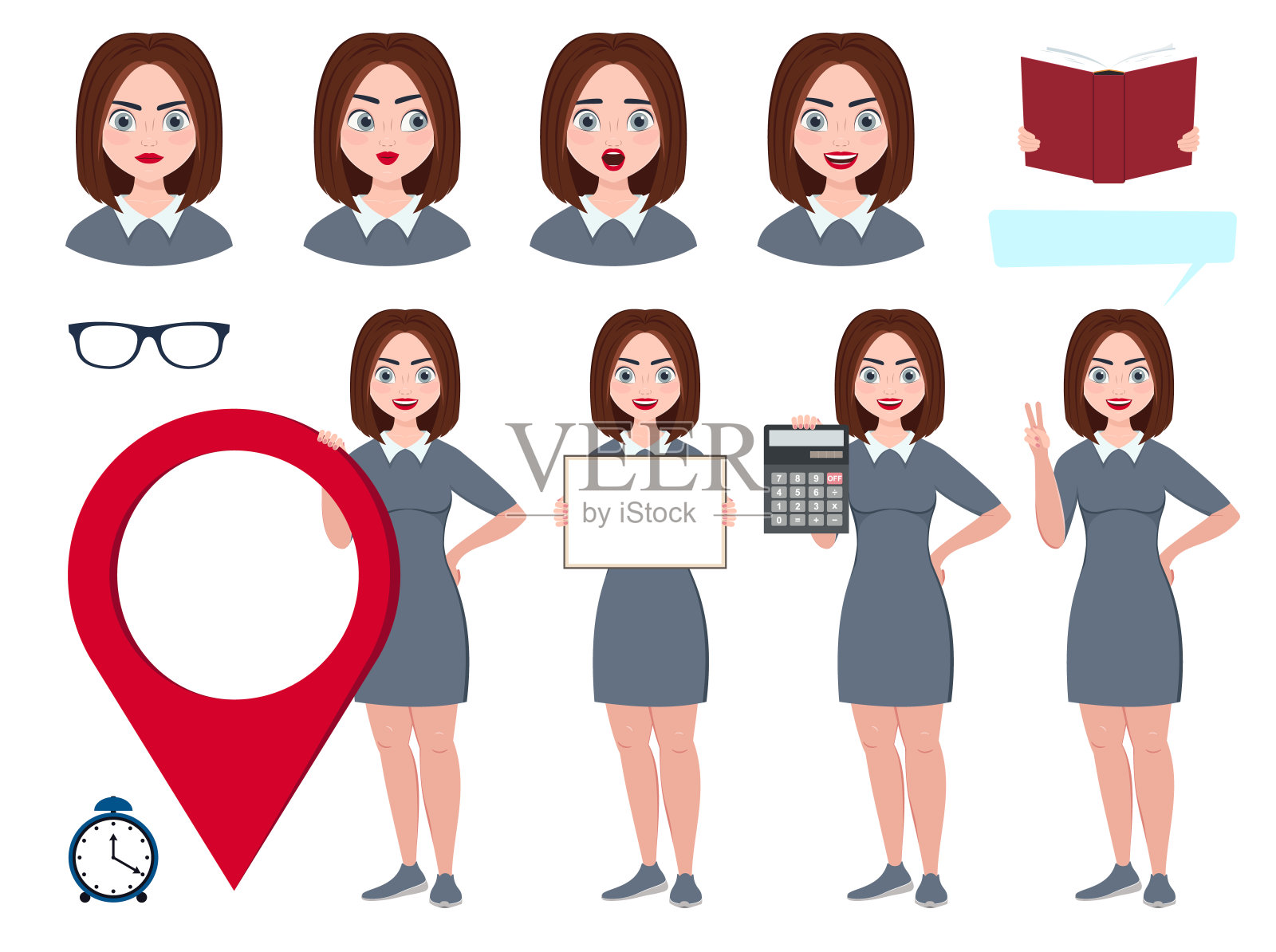 可爱的女孩，办公室职员拿着不同的东西。向量。插画图片素材