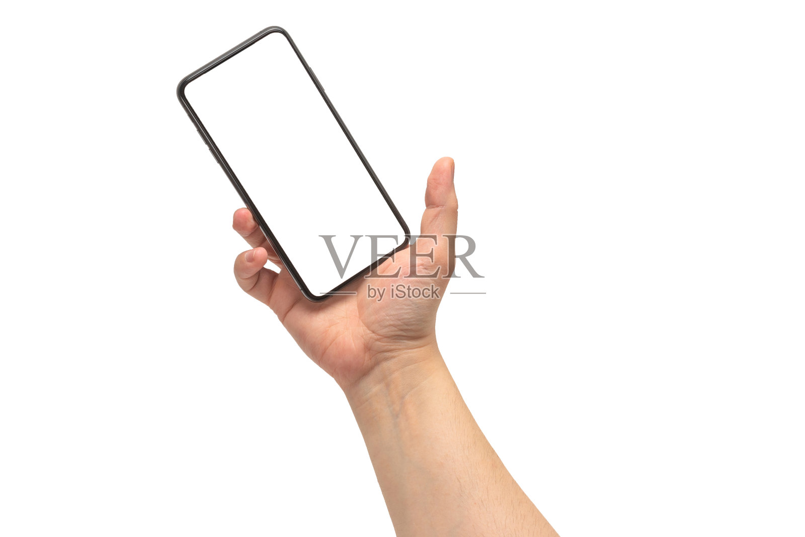 智能手机在男人的手孤立在白色背景。白色的屏幕。照片摄影图片