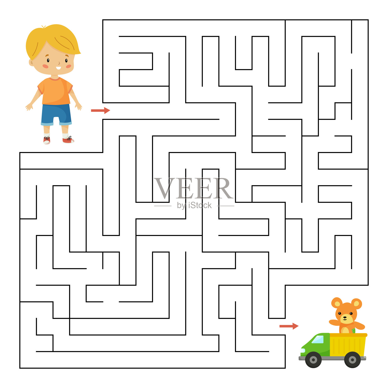 适合学龄前儿童的迷宫游戏。帮助这个男孩找到他的玩具的正确方法。插画图片素材