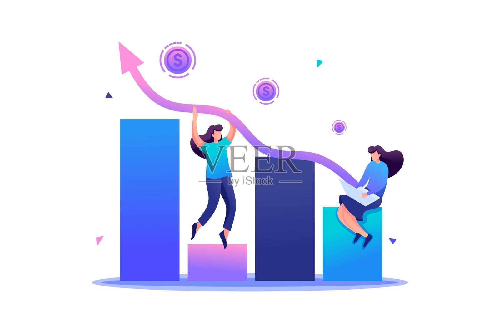 年轻女孩创造了一个有利可图的企业，增加了收入。平面2D字符。网页设计的概念插画图片素材