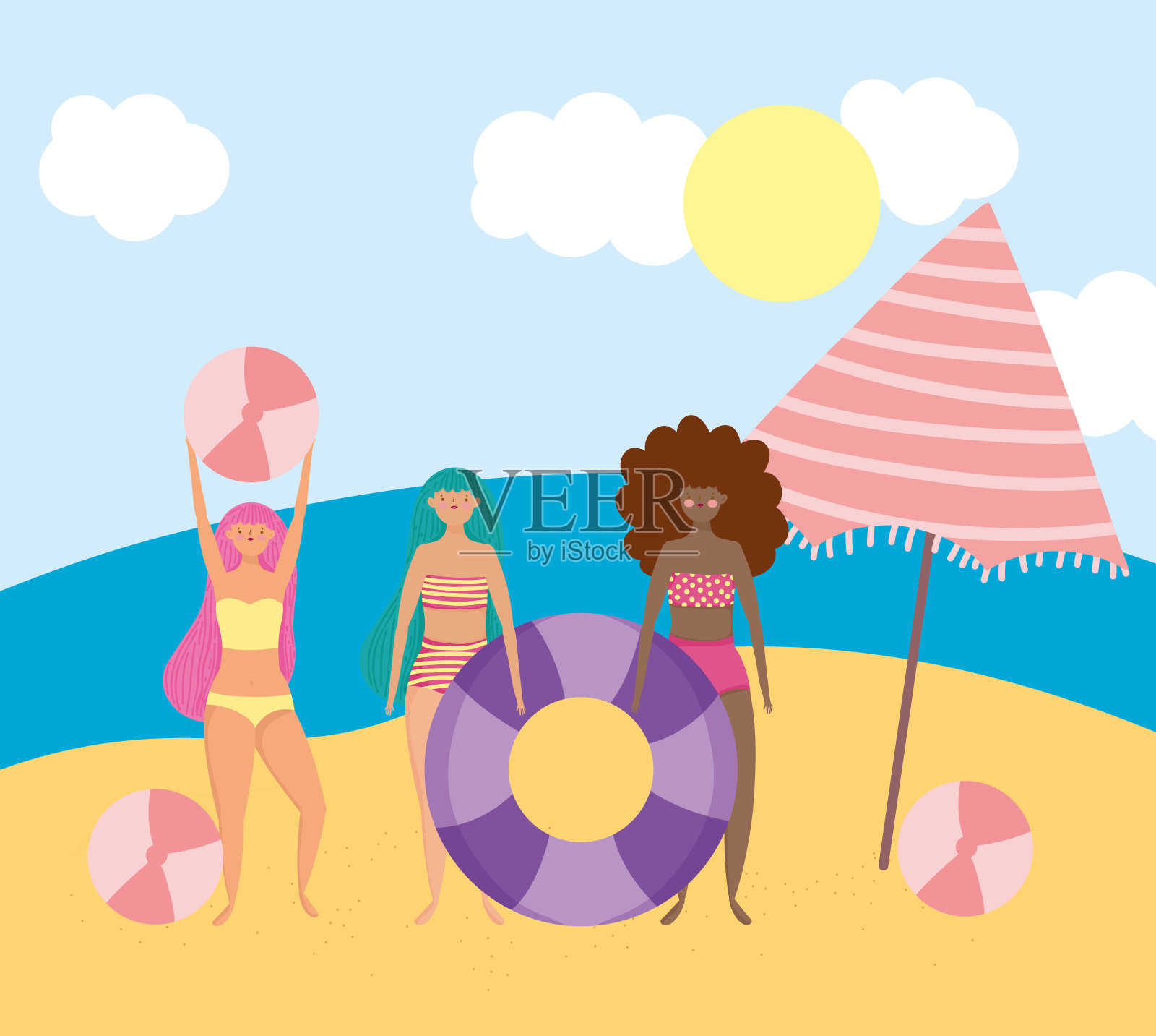 夏季人们活动，妇女玩球和漂浮，海滨放松和表演休闲户外插画图片素材