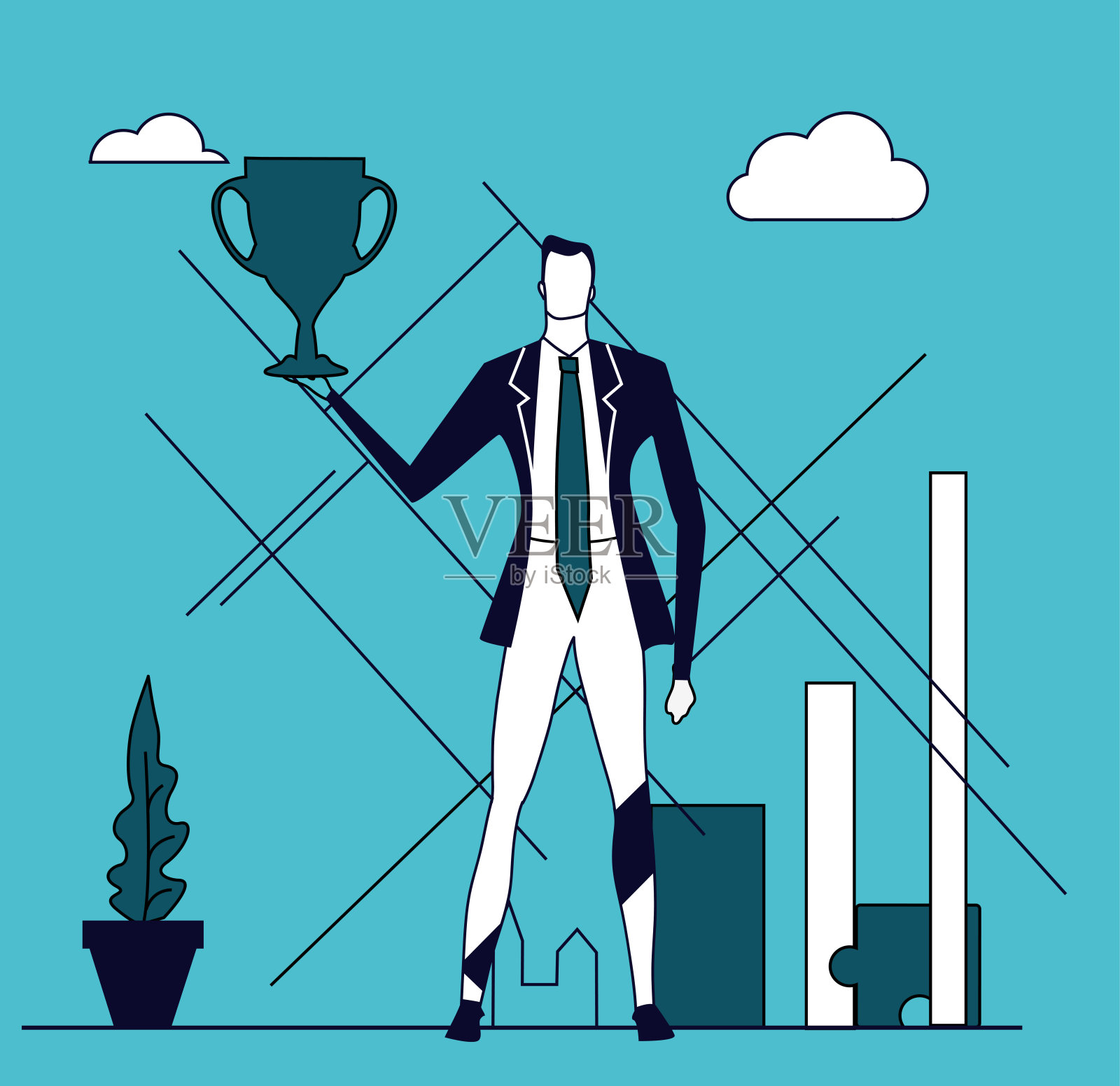 商人举起金杯。赢家、领导者、成就和成功。业务概念说明插画图片素材