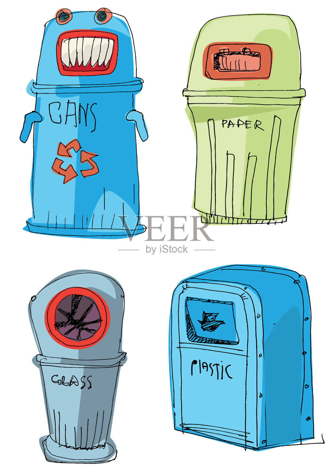 用于分隔垃圾收集的桶集插画图片素材