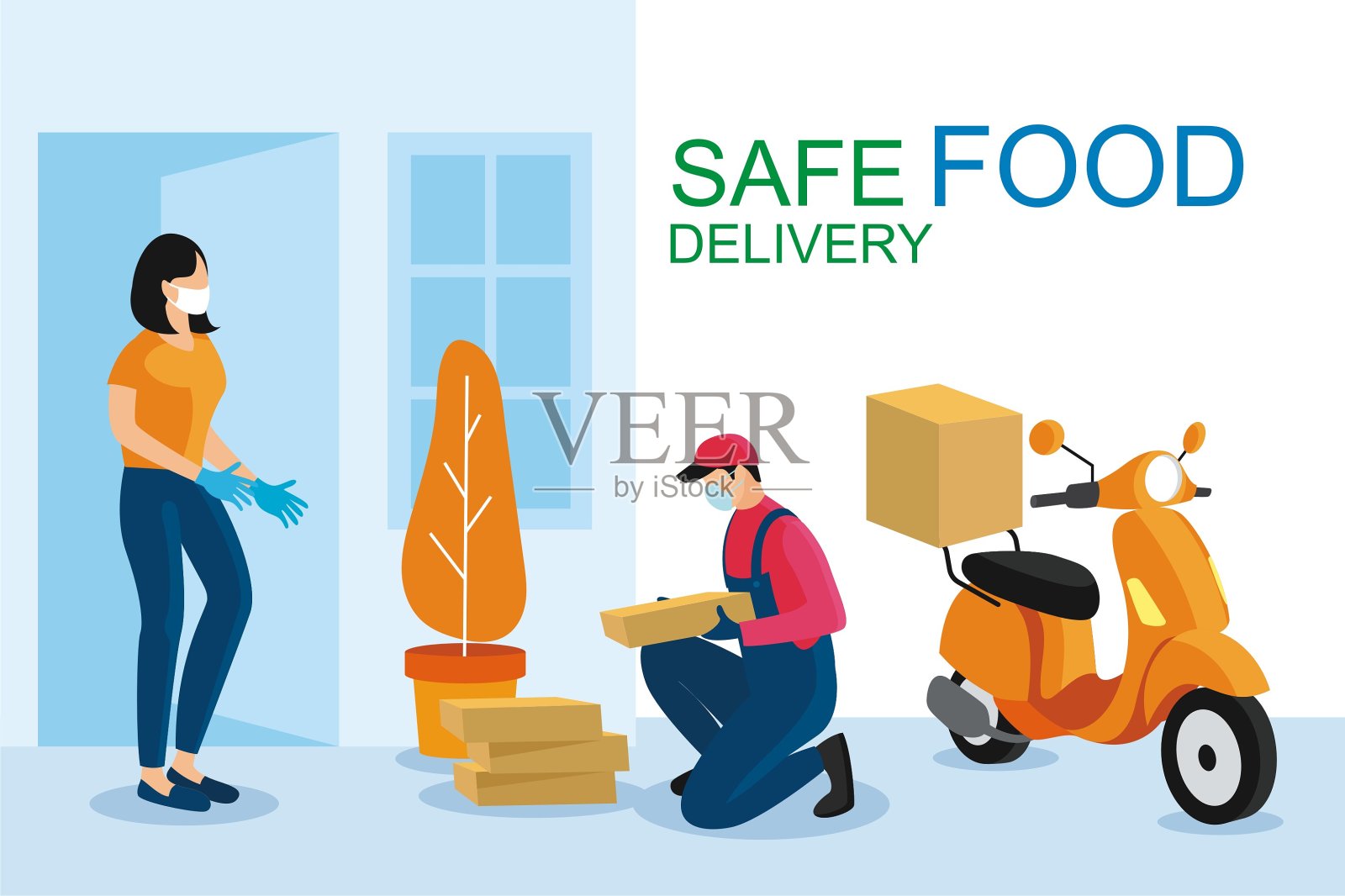 食品安全交付。新冠肺炎疫情期间，年轻的快递员给戴口罩和手套的女顾客送食品订单。卡通矢量插图。插画图片素材