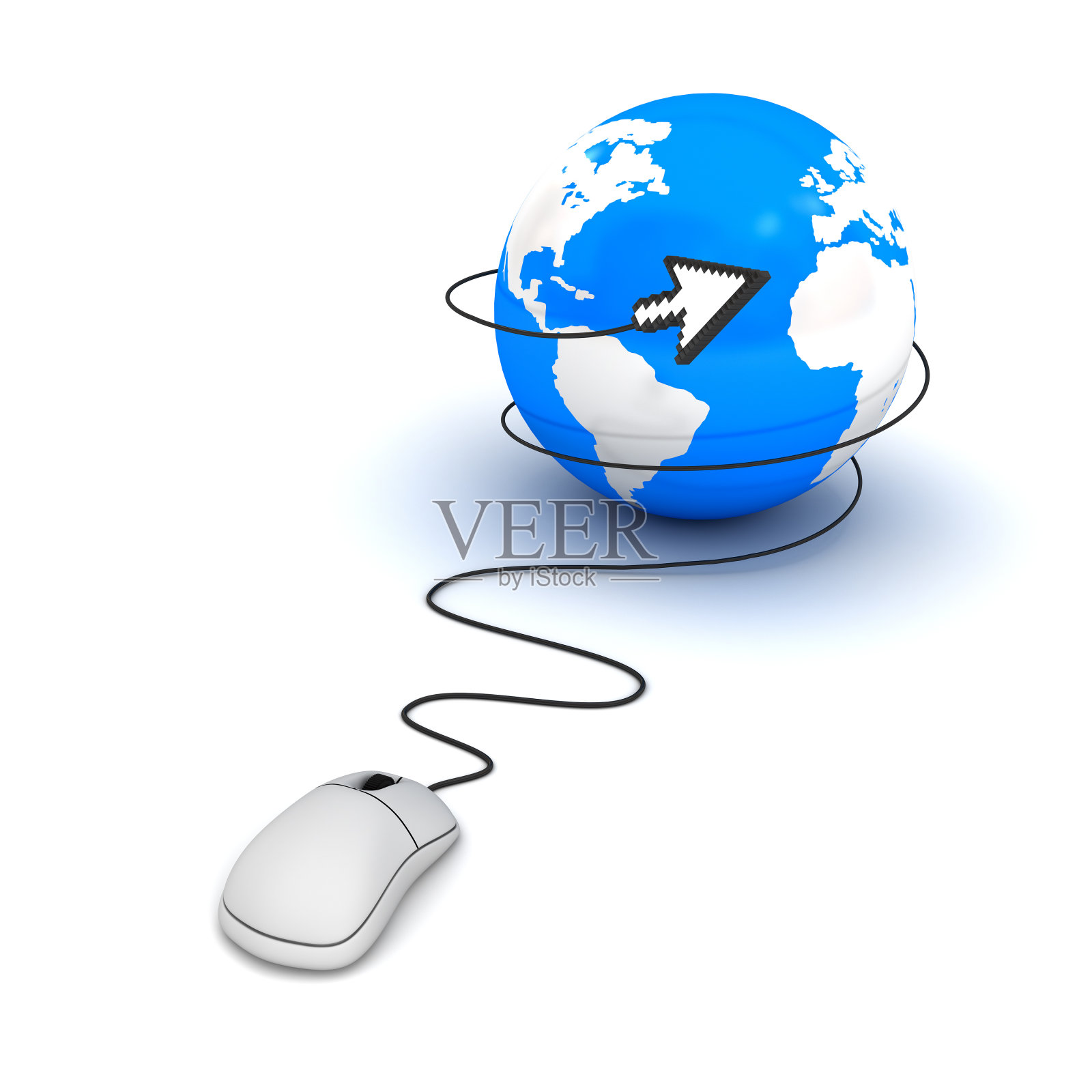 地球地球仪与电脑鼠标光标在白色背景的互联网概念照片摄影图片