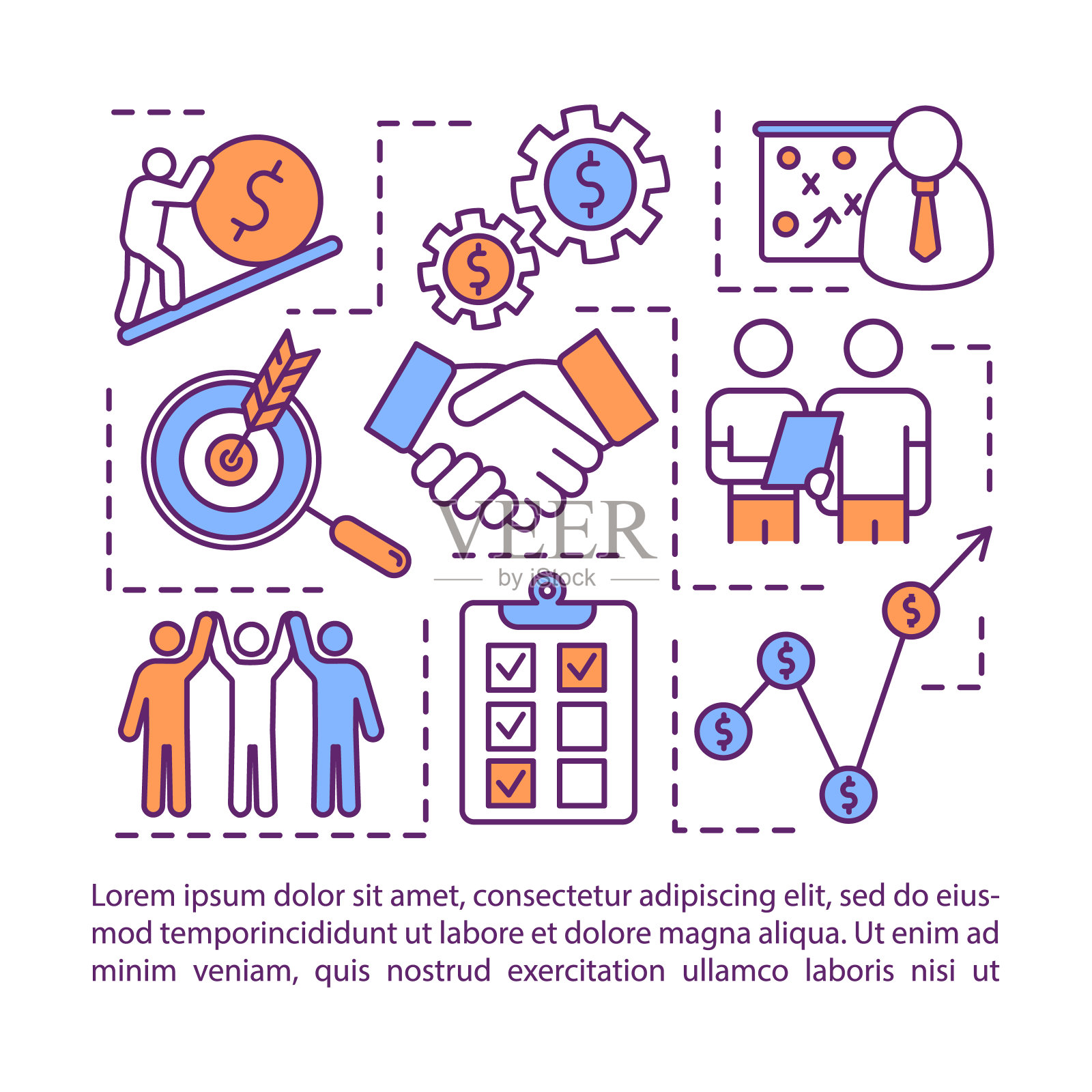 反危机运动概念图标与文字。PPT页面矢量模板。应急计划。经济稳定维护手册，杂志，小册子设计元素与线性插图插画图片素材