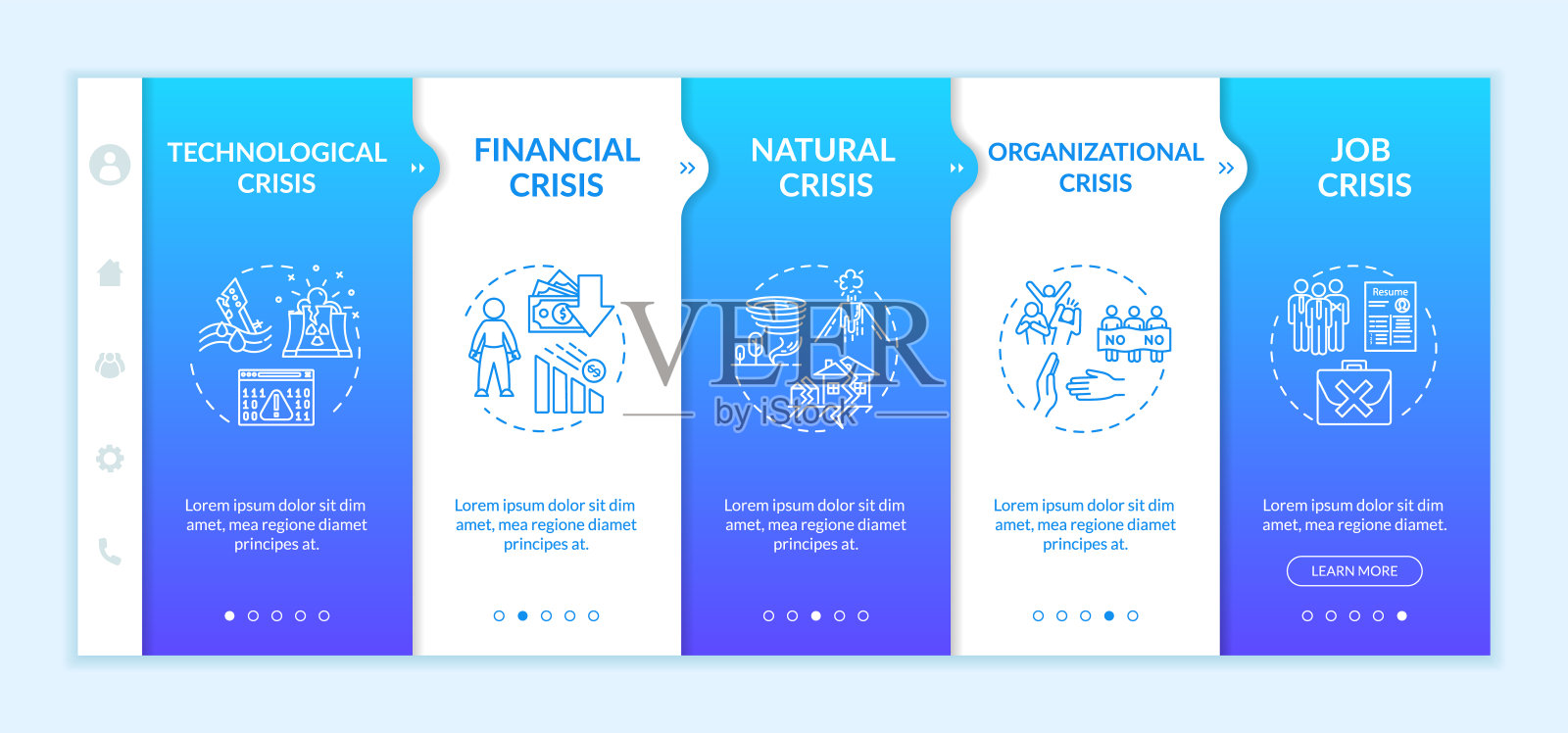 危机类型的上船向量模板。不同的全球紧急情况，危险的负面变化。响应式手机网站与图标。网页演练步骤屏幕。RGB颜色的概念插画图片素材