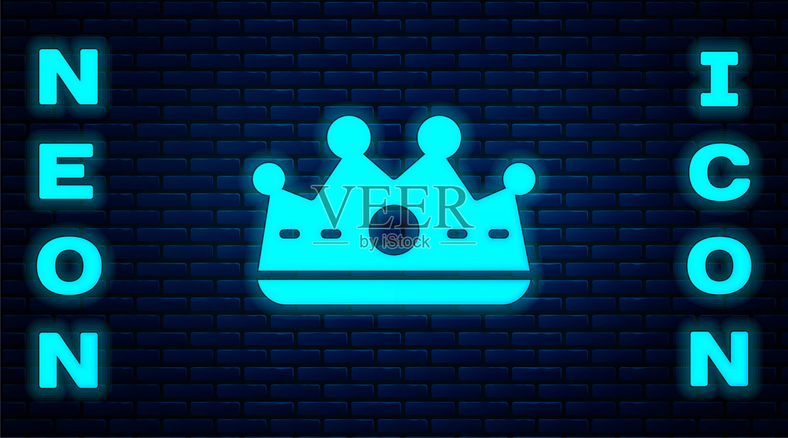 发光的霓虹王冠图标孤立在砖墙的背景上。向量插画图片素材