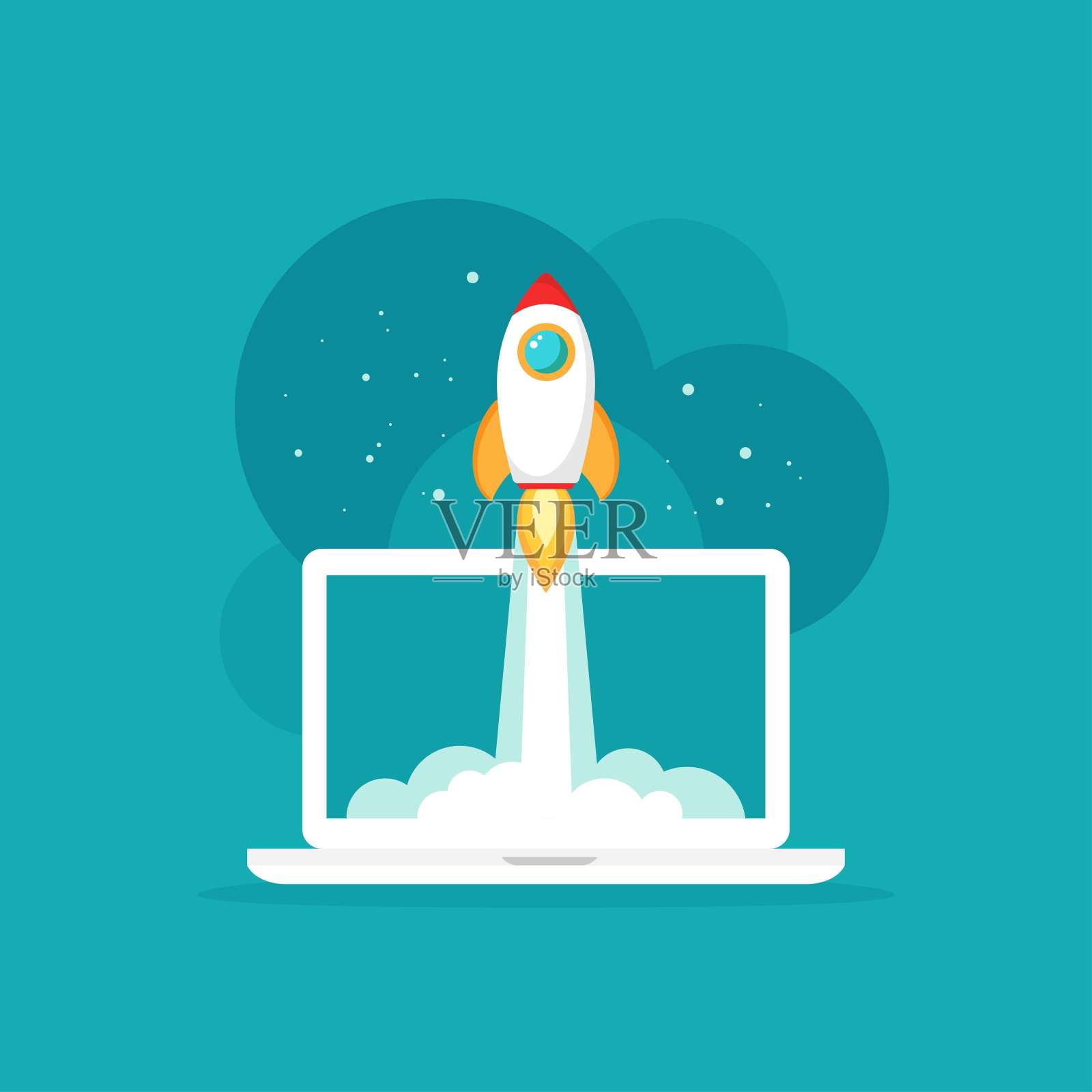 笔记本电脑屏幕与宇宙和火箭或航天飞机飞行。蓝色背景的工作场所。插画图片素材