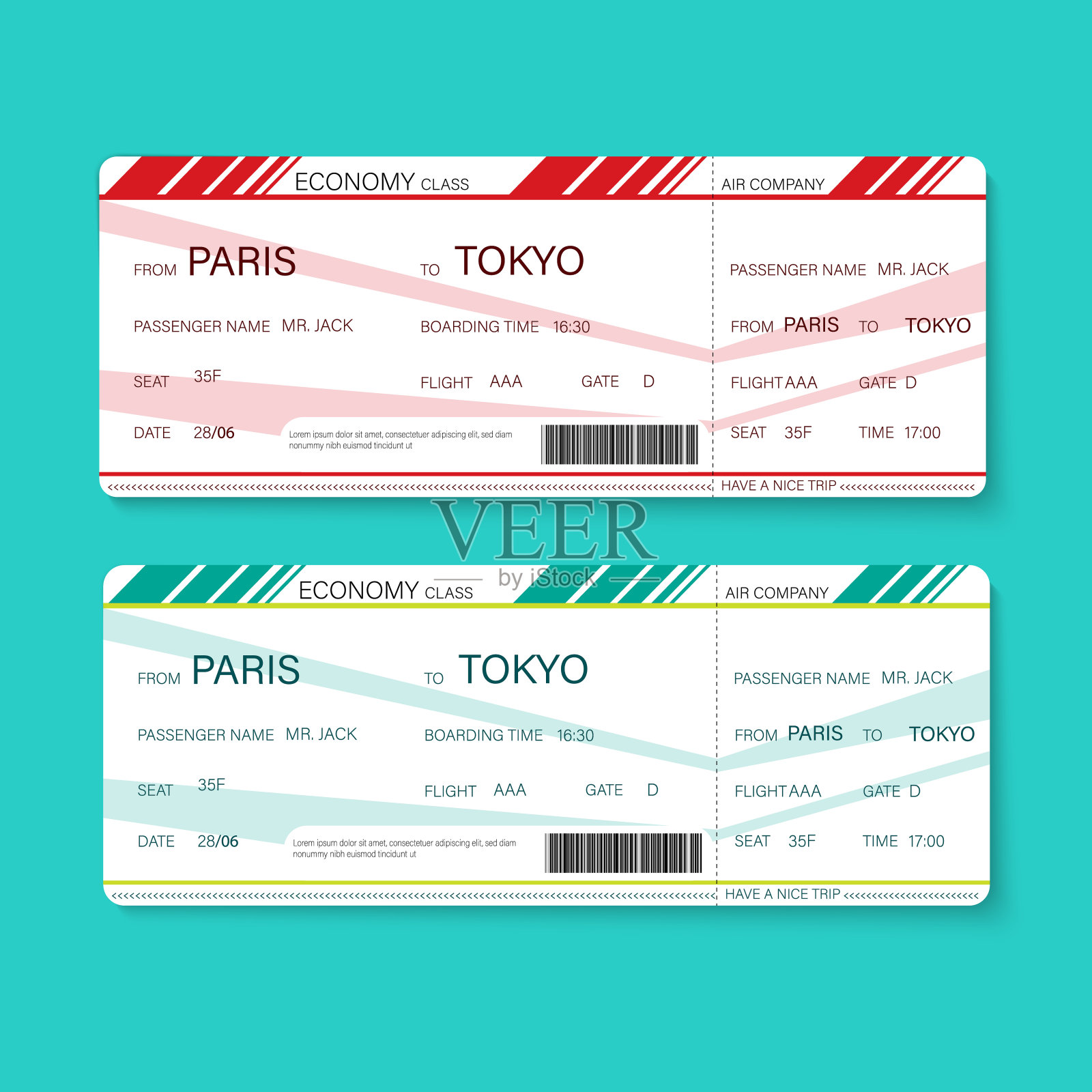 股票矢量插图模式的航空公司登机牌机票在两种颜色的概念旅行2设计模板素材