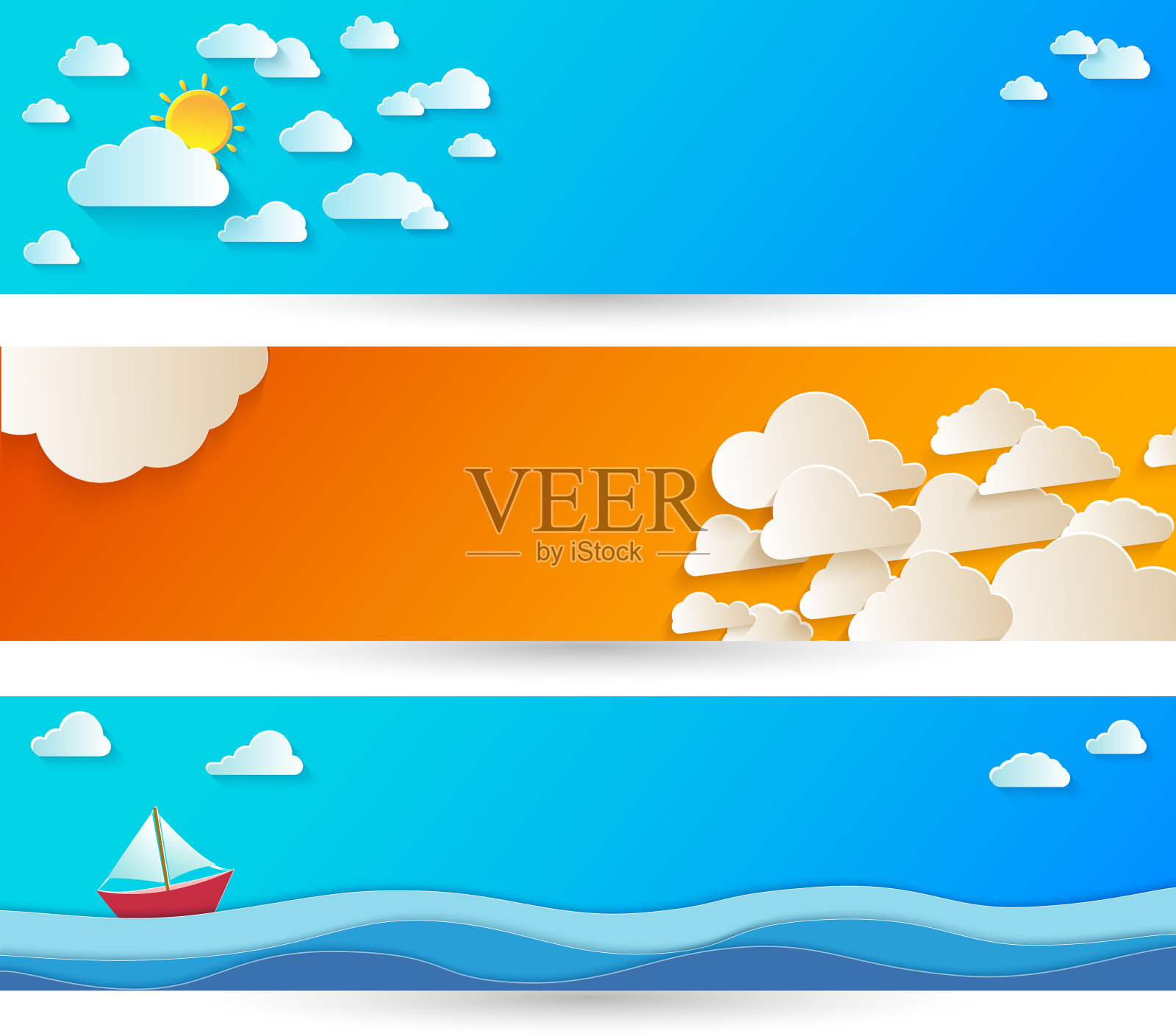 明亮的抽象背景与白纸白云在蓝天。插画图片素材