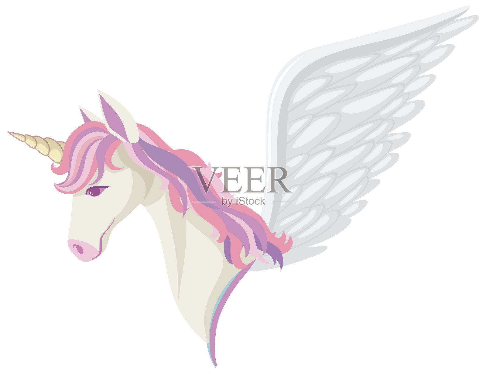 独角兽或飞马头有彩虹鬃毛和角孤立在白色背景插画图片素材
