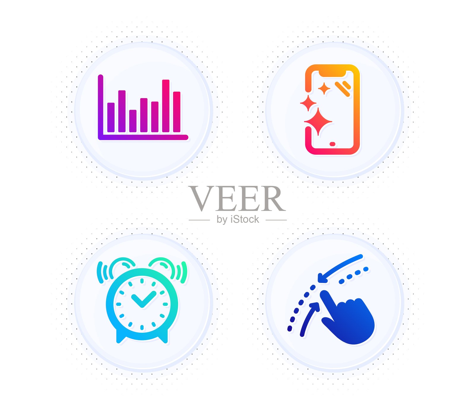 闹钟，条形图和智能手机清洁图标设置。向上滑动标志。向量图标素材