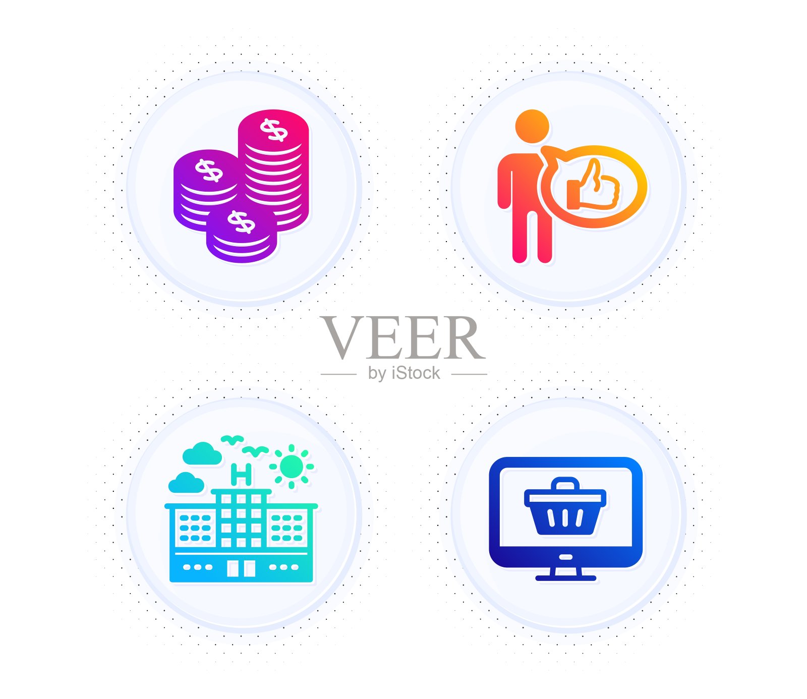 硬币，酒店和喜欢的图标集。网络商店的迹象。现金，旅游，竖起大拇指。购物车。业务设置。向量图标素材