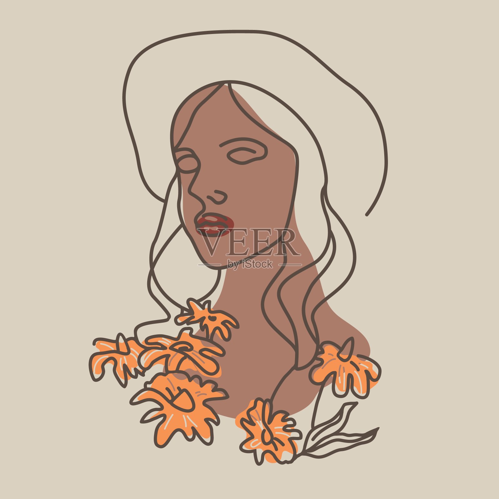 一个女人拿着一束夏日鲜花的肖像插画图片素材