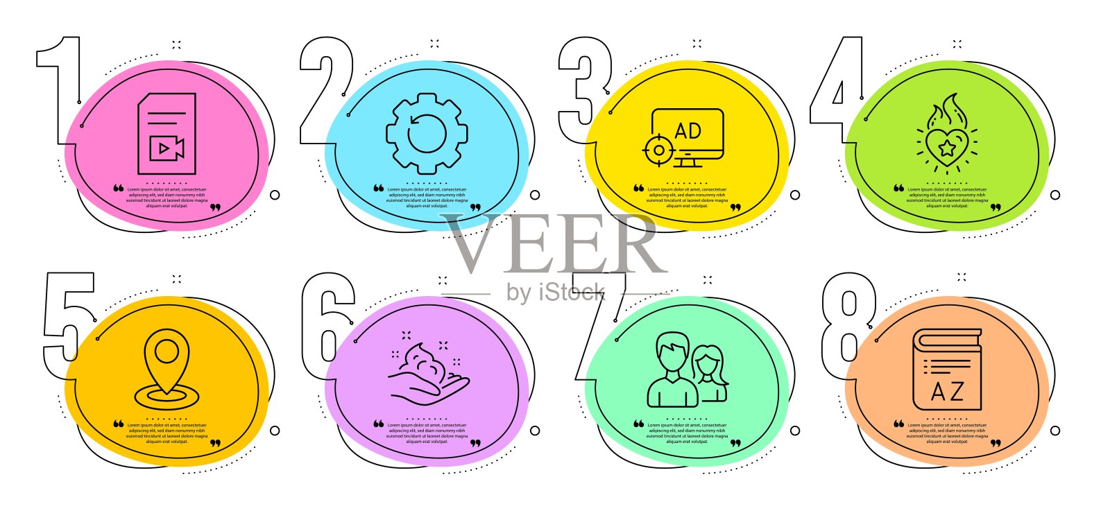 心的火焰，恢复装备和位置图标设置。皮肤护理，词汇和夫妇标志。向量插画图片素材