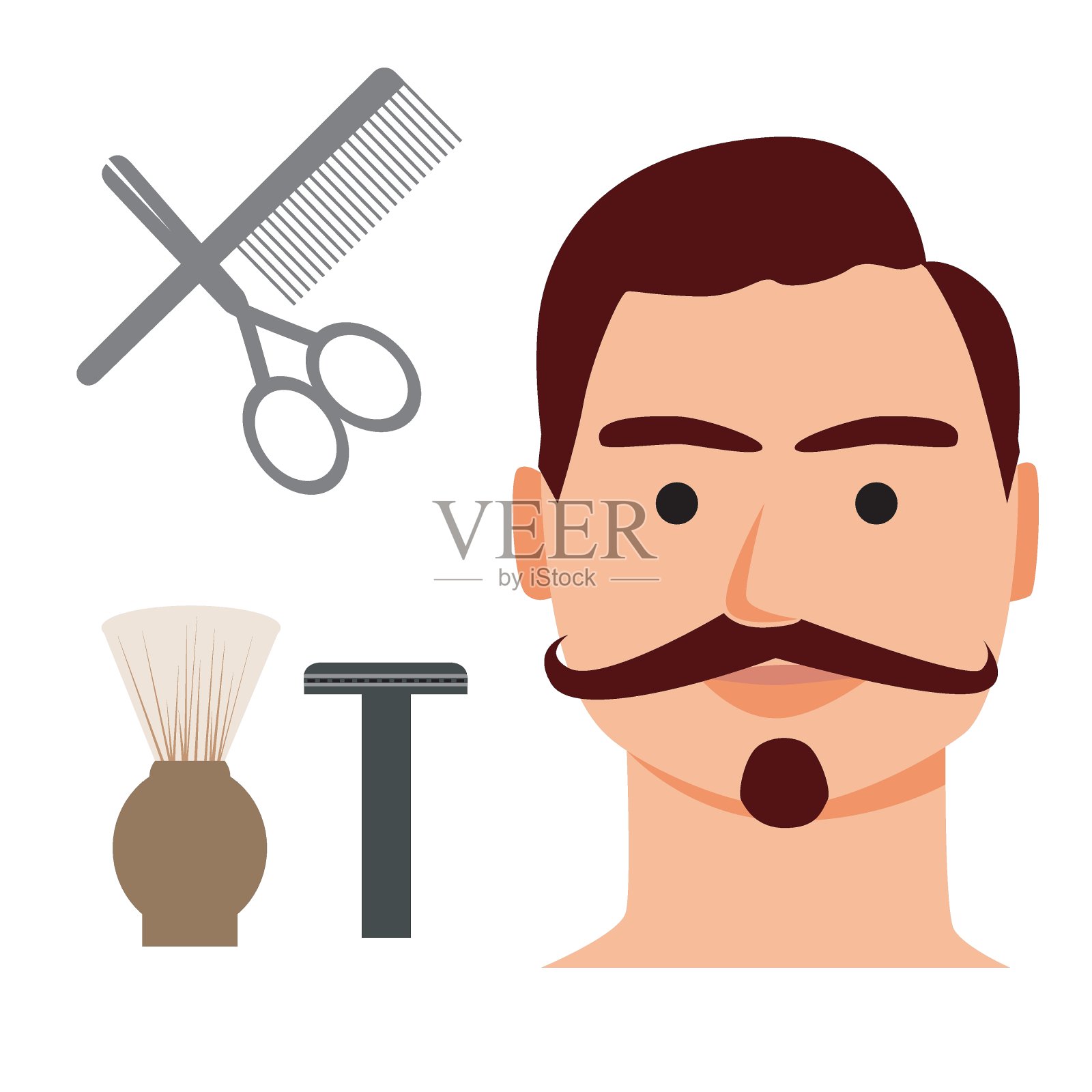 有小胡子的年轻人或潮人在理发师或理发店剪了胡子后，平面矢量股票插图与理发店工具孤立在白色背景上插画图片素材