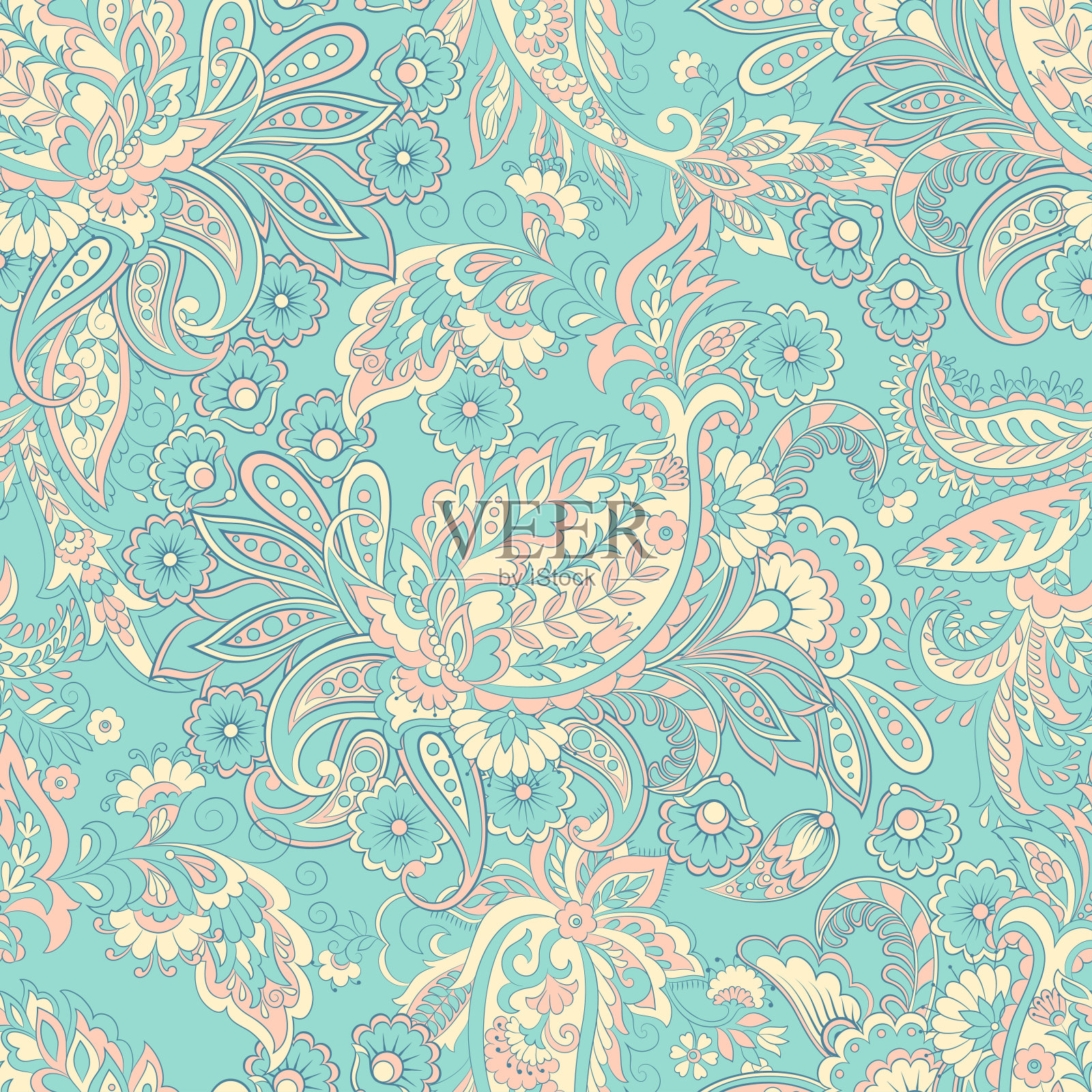 佩斯利矢量无缝模式。神奇的花,叶子。纺织波希米亚打印。蜡染画。古董插画图片素材