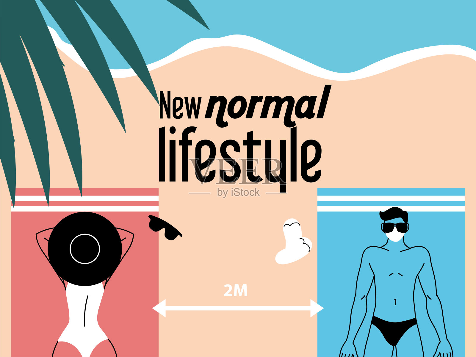 一对夫妻躺在沙滩上，保持距离插画图片素材