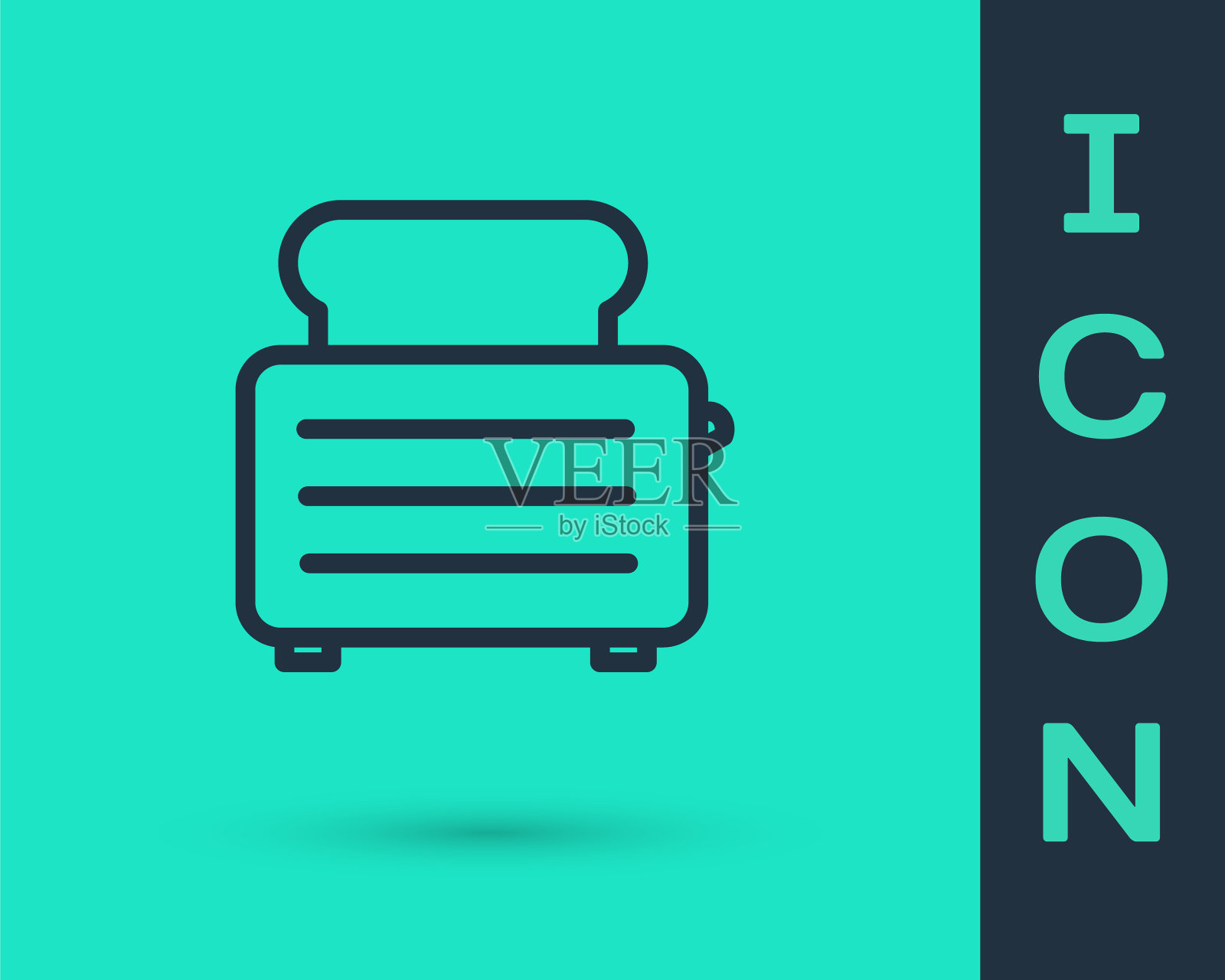 黑色线烤面包机与吐司图标隔离在绿色背景。矢量图图标素材