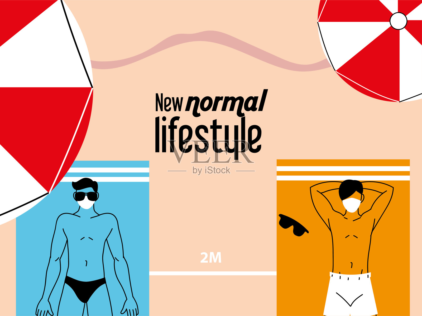 男人躺在沙滩上与人保持距离插画图片素材