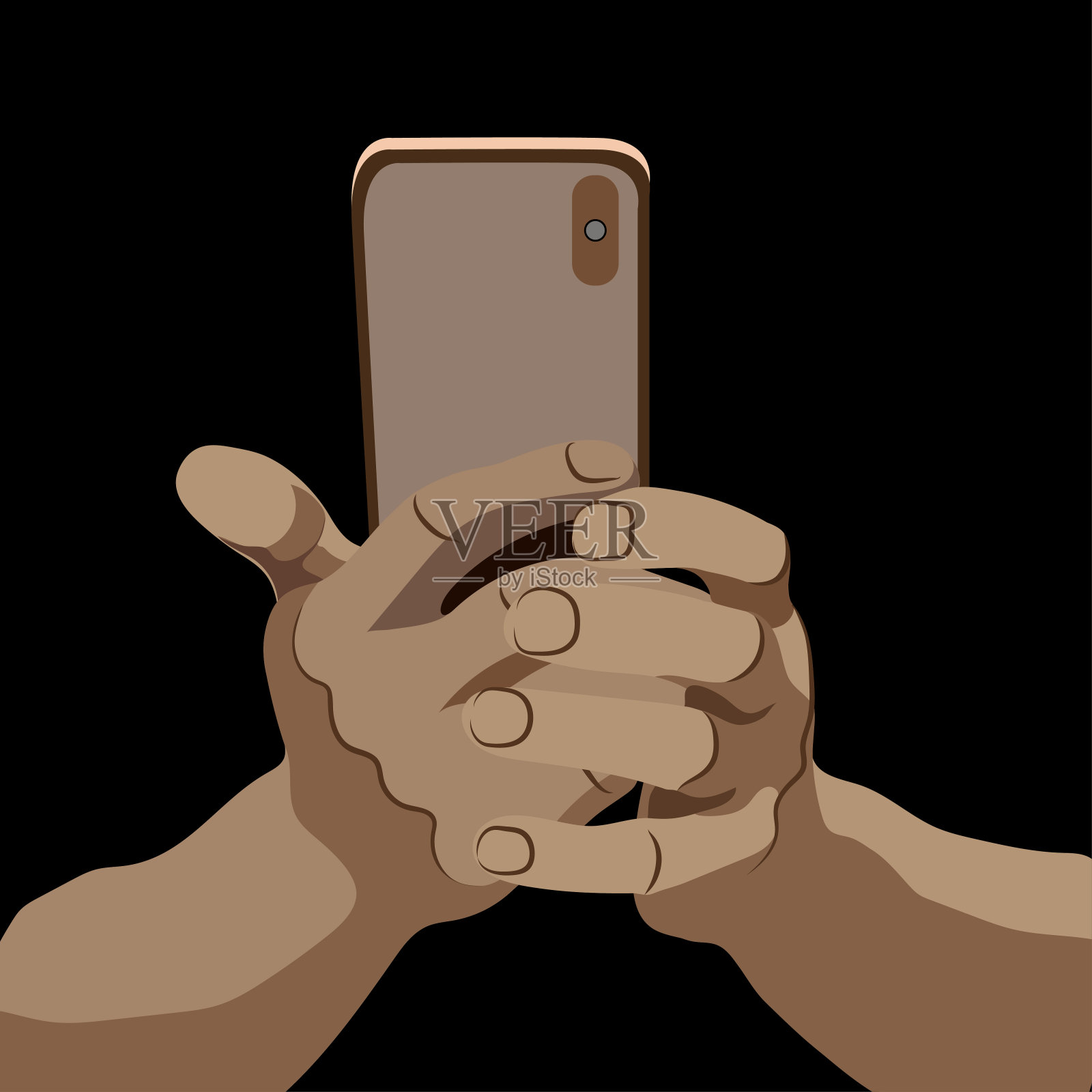 矢量平面插图的手特写。男子u2019手持手机，在漆黑的背景下独自拍照。手和手指插画图片素材