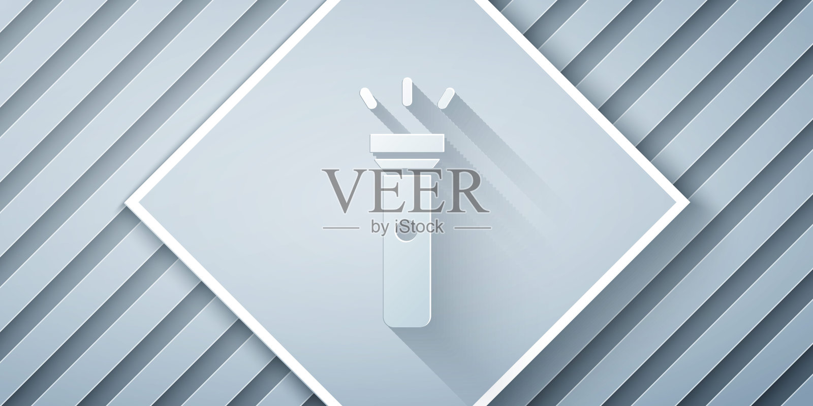 剪纸手电筒图标孤立在灰色背景。纸艺术风格。矢量图设计元素图片