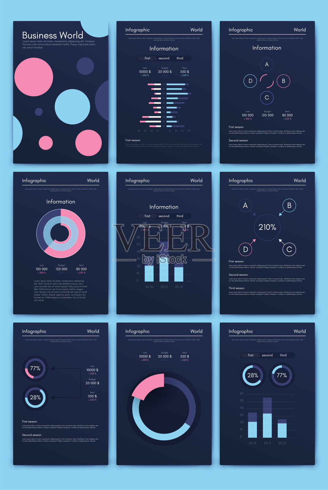 商业手册的现代信息图表向量元素。用于网站，公司宣传册，广告和市场营销。饼图，折线图，条形图和时间线。设计模板素材