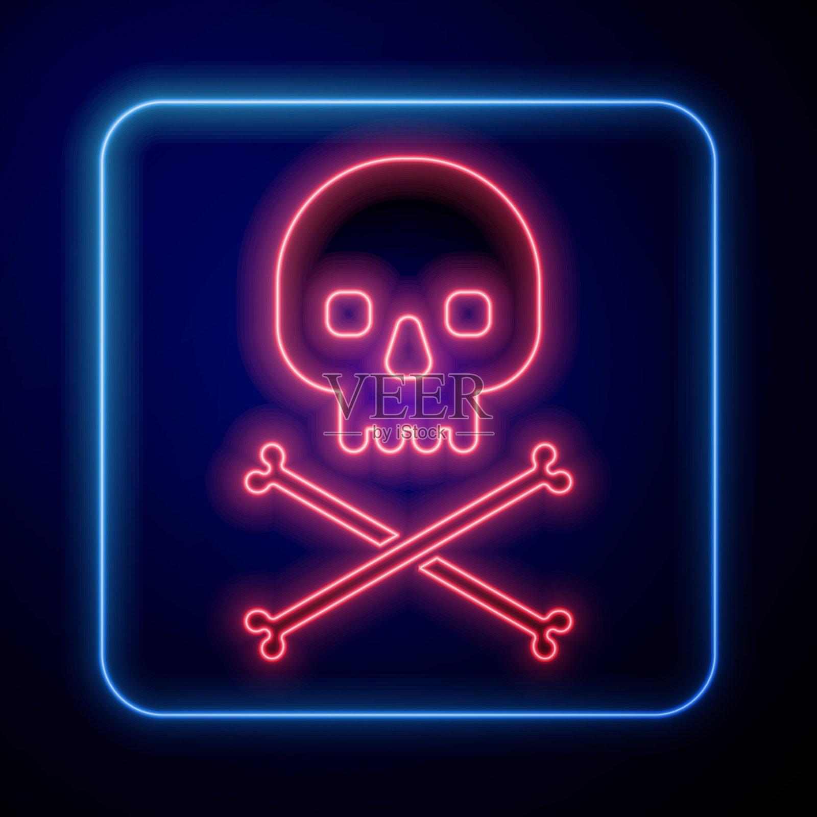 发光的霓虹灯骷髅交叉骨头图标隔离在蓝色背景。矢量图插画图片素材