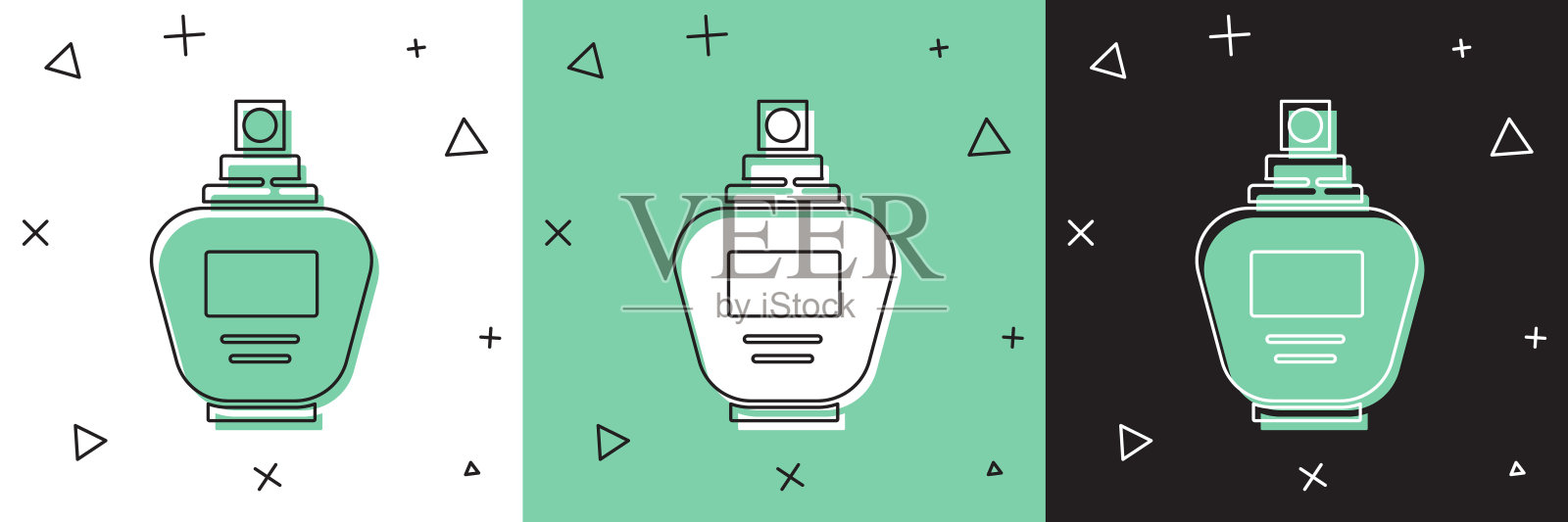 设置香水图标隔离在白色和绿色，黑色背景。矢量图插画图片素材