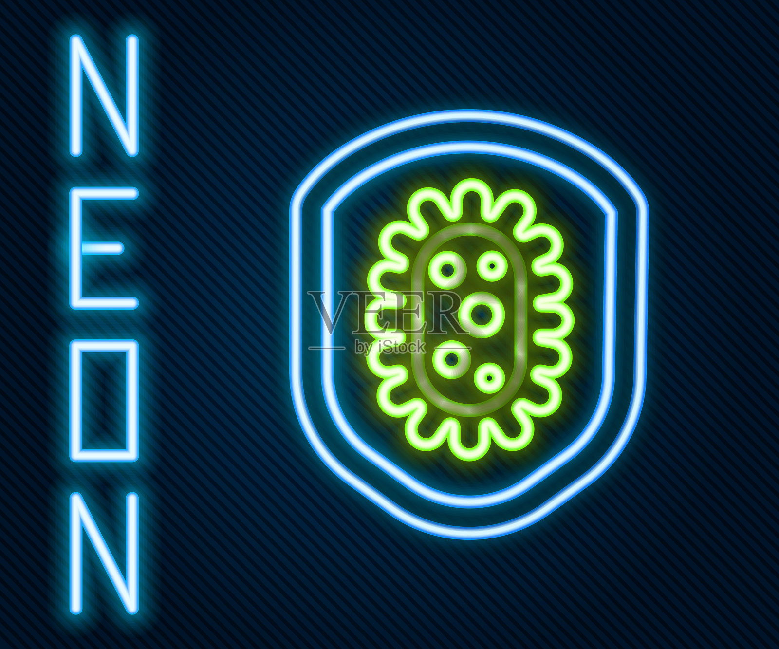 发光的霓虹线屏蔽病毒，细菌和细菌图标隔离在黑色背景。免疫系统的概念。2019 - ncov冠状病毒。色彩斑斓的轮廓的概念。矢量图插画图片素材