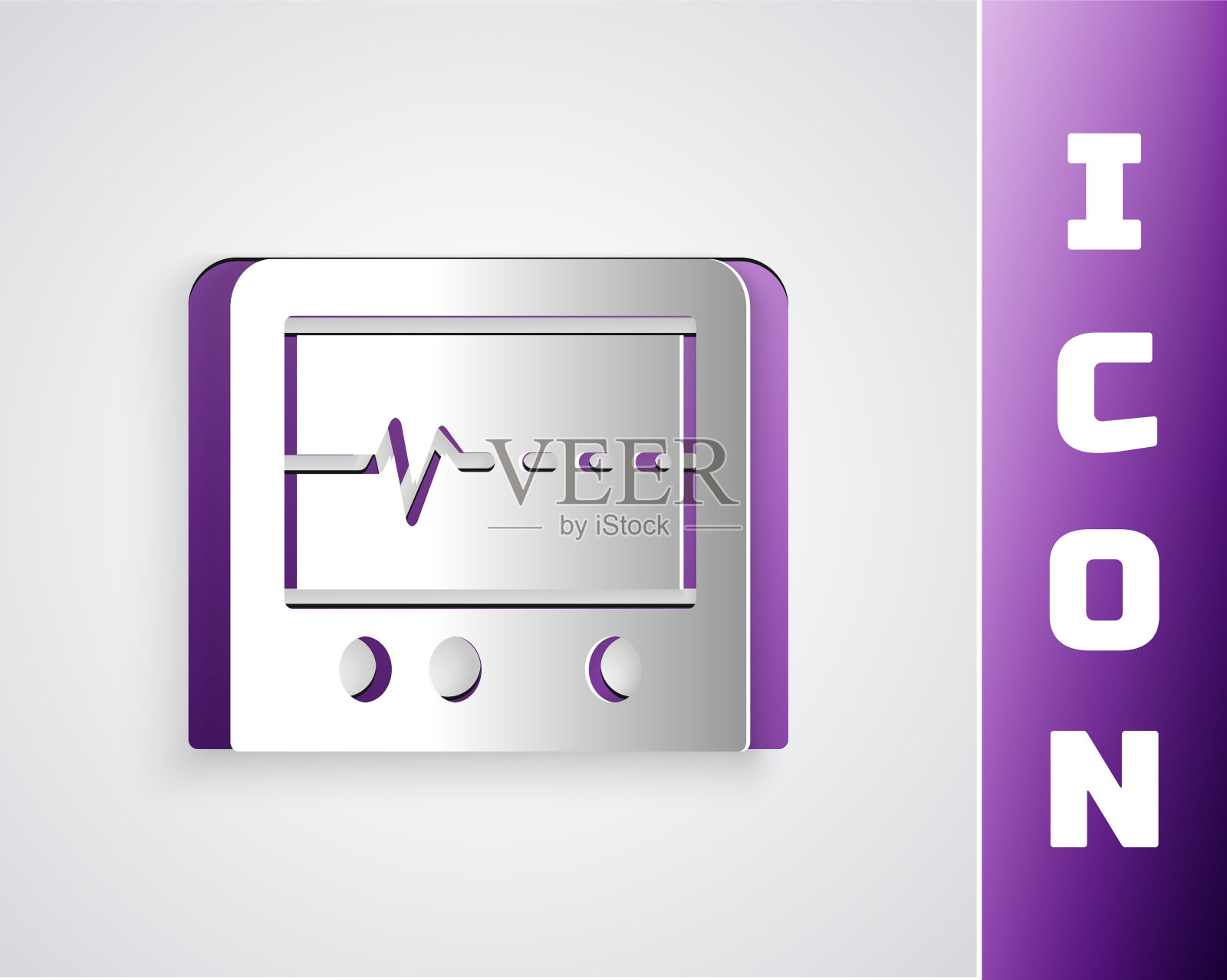 剪纸Beat dead在灰色背景上孤立的显示器图标。心电图显示死亡。纸艺术风格。向量图标素材