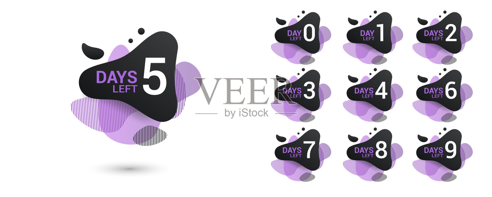 倒数的天数。变形虫液体设计标签的天去推广，销售，登陆页，模板，ui，网页，移动应用程序，海报，横幅，传单。矢量设置数字倒计时0到9。插画图片素材