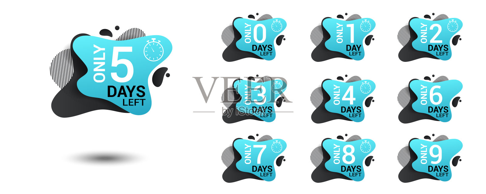 倒数的天数。变形虫液体设计标签的天去推广，销售，登陆页，模板，ui，网页，移动应用程序，海报，横幅，传单。矢量设置数字倒计时0到9。插画图片素材