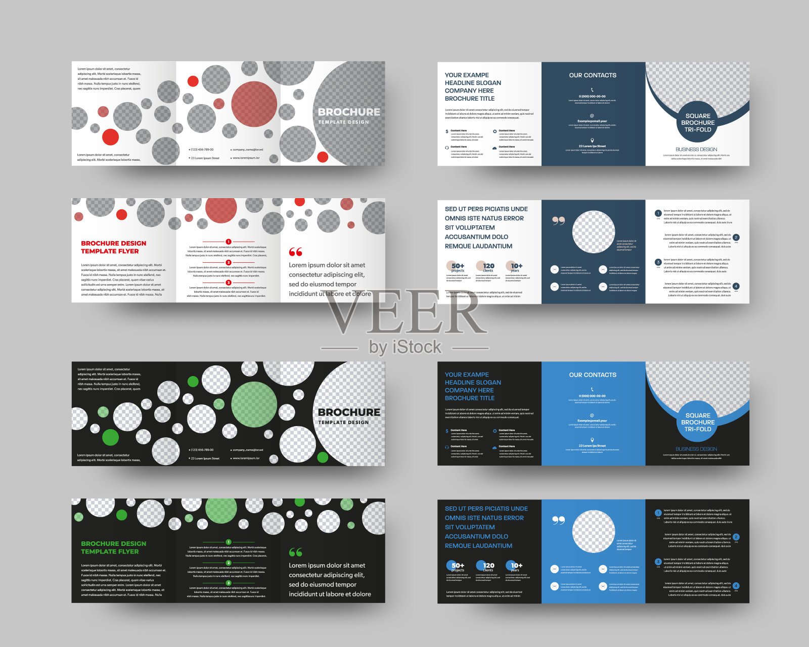 标准正方形的矢量三折模板，带有抽象的蓝色、绿色、红色图案，圆形的地方用于照片，用于设计展示。插画图片素材