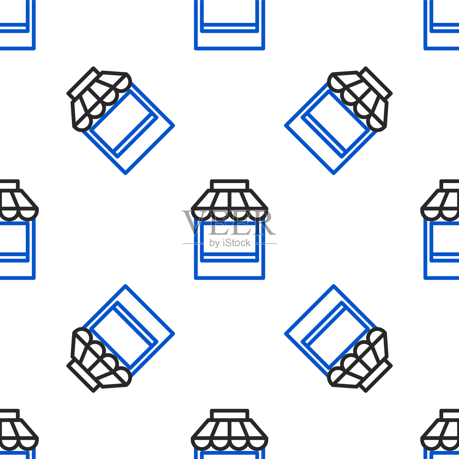 线购物大楼或市场商店图标孤立无缝模式上的白色背景。店建设。色彩斑斓的轮廓的概念。向量插画图片素材