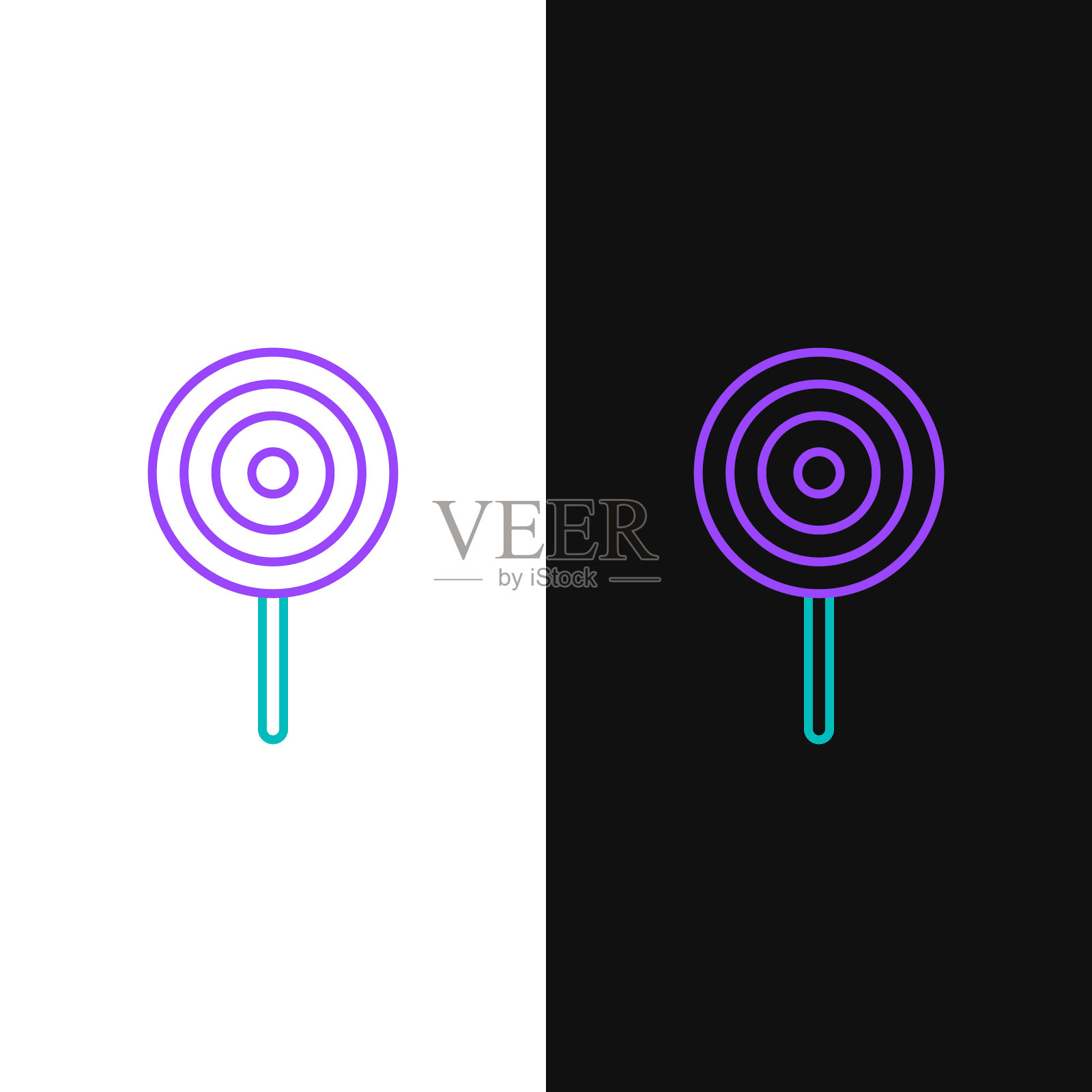 线棒棒糖图标孤立在白色和黑色的背景。糖果的迹象。食物,美味的象征。色彩斑斓的轮廓的概念。向量插画图片素材